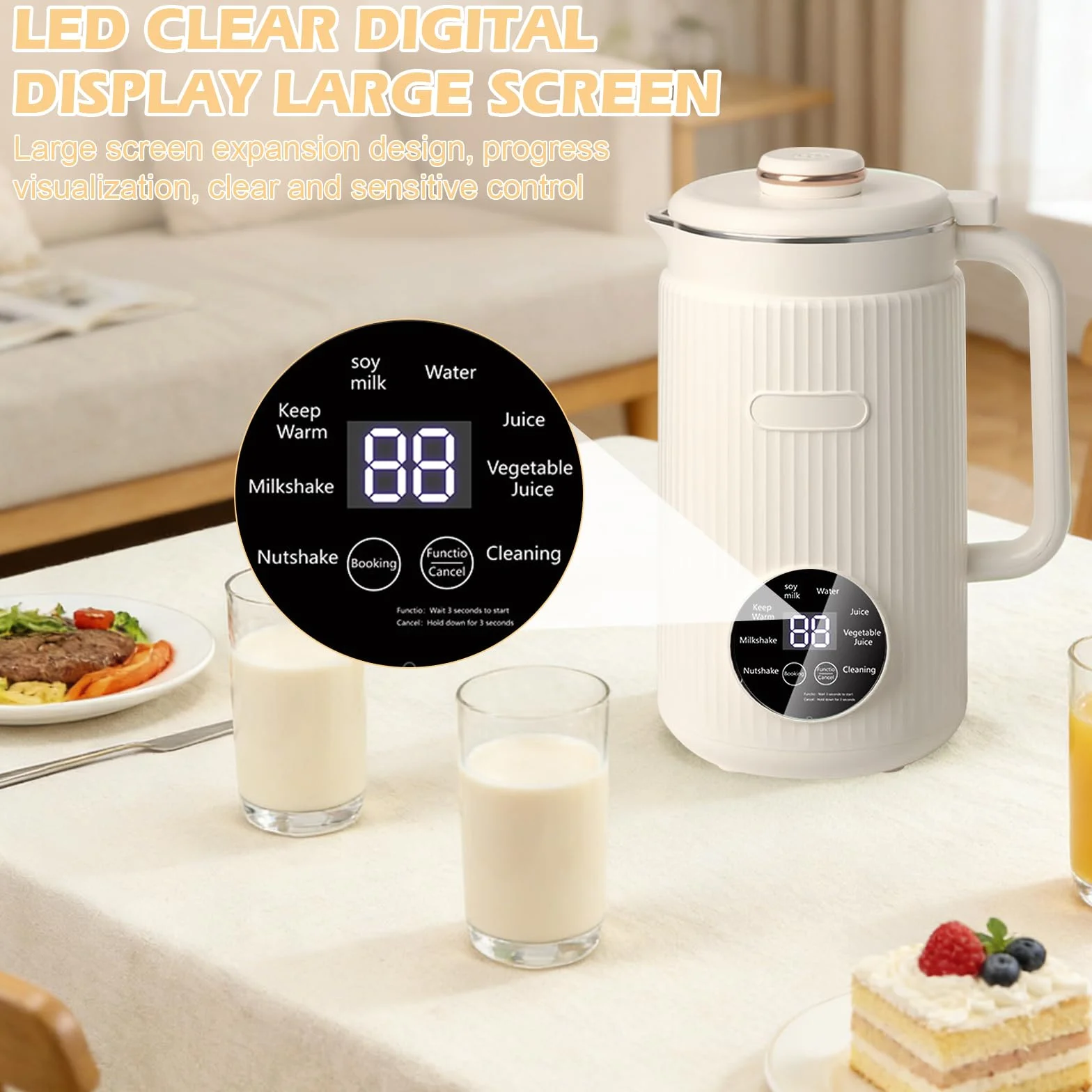 Máquina de Leche Vegetal 8 en 1, 1.2L con Autolimpieza, Temporizador - Elabora Leche de Avena, Almendra, Soja, Frutos Secos y Zumos (Blanco)