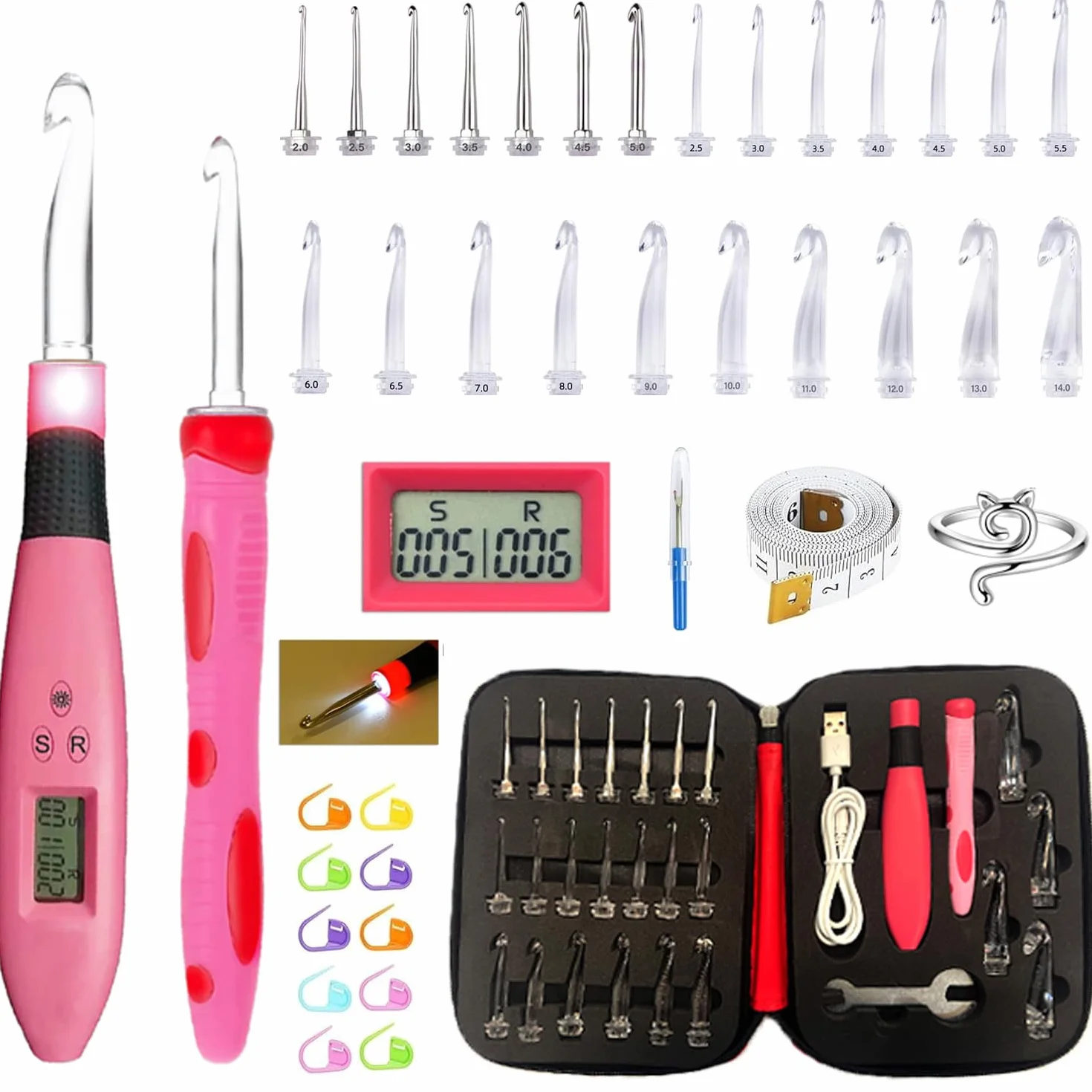Juego de agujas de ganchillo iluminadas, juego de agujas de ganchillo digitales con 24 kits de ganchillo intercambiables, ganchos de ganchillo iluminados con 2 niveles LED, kit de punto para