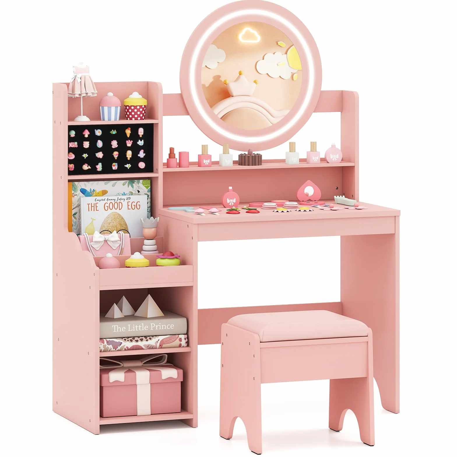 COSTWAY Tocador Niña con Espejo y Luces, Tocador de Maquillaje de Princesa con Estantes Abiertos, Ranuras para Anillos y Taburete Tapizado, Mesa de Maquillaje para Niñas (Rosa)