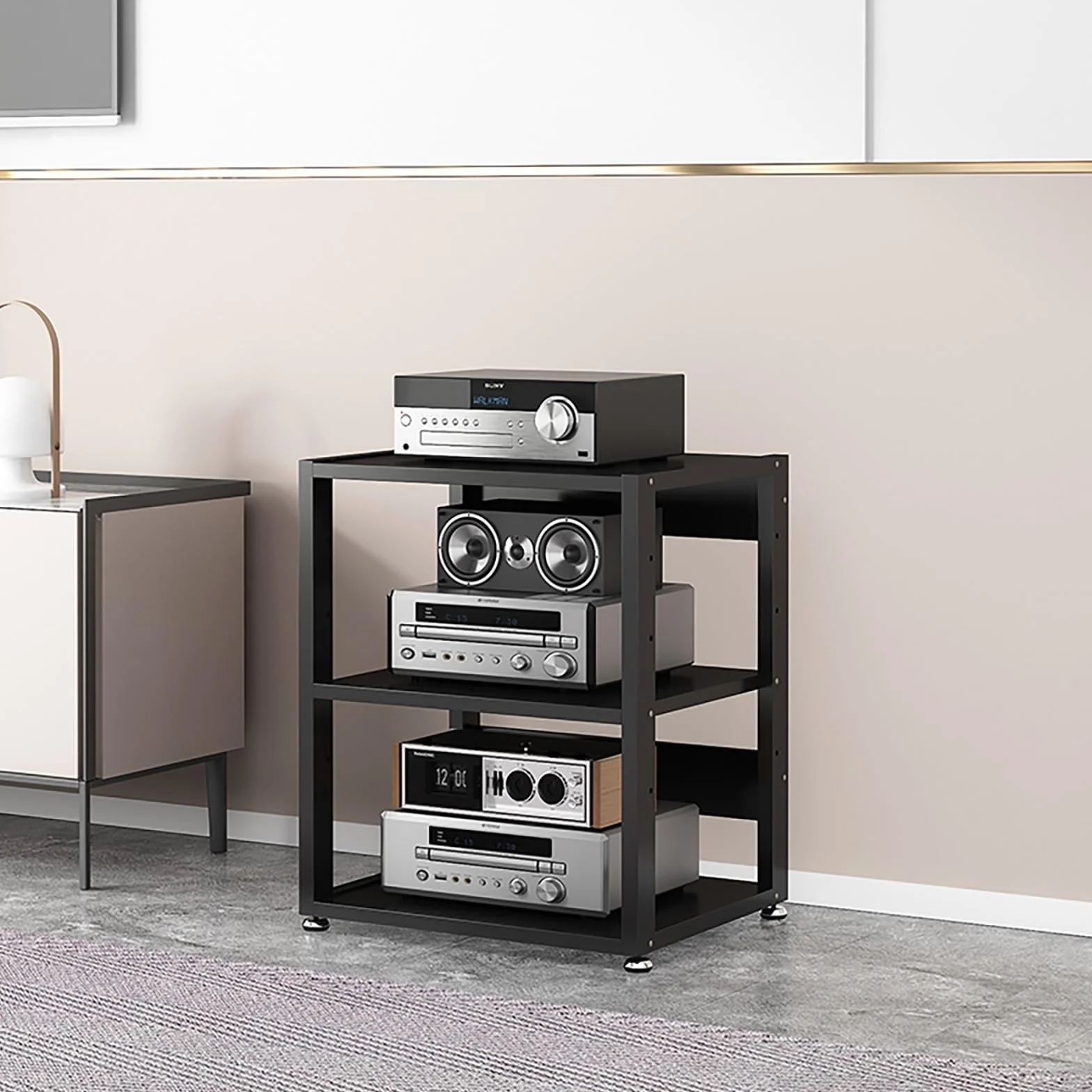 Soporte para medios AV de 4 niveles negro con ruedas, estantería audiovisual, gabinete estéreo para centro de entretenimiento, torre de almacenamiento de medios, gabinete de componentes, torre de
