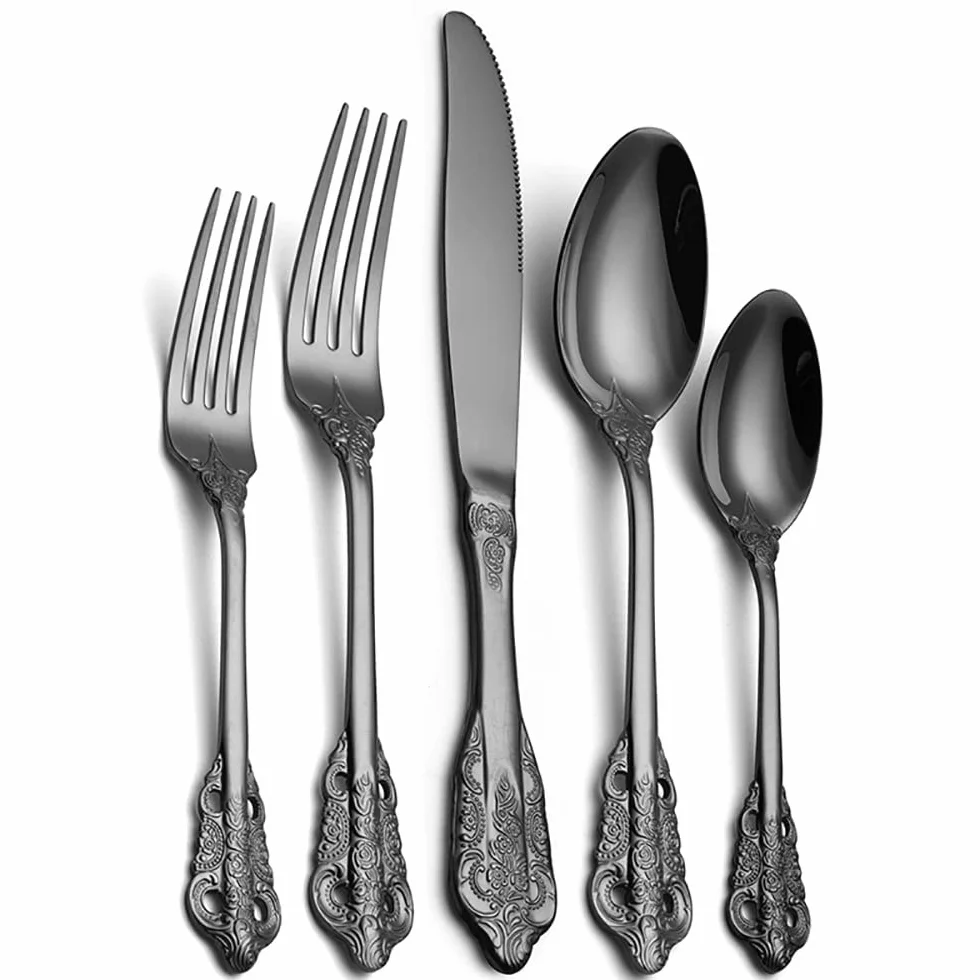Juego de cubiertos negros para 4 personas, juego de cubiertos de acero inoxidable de 20 piezas, vajilla estilo corte, juego de cubiertos de lujo apto para lavavajillas, para banquetes, festivale