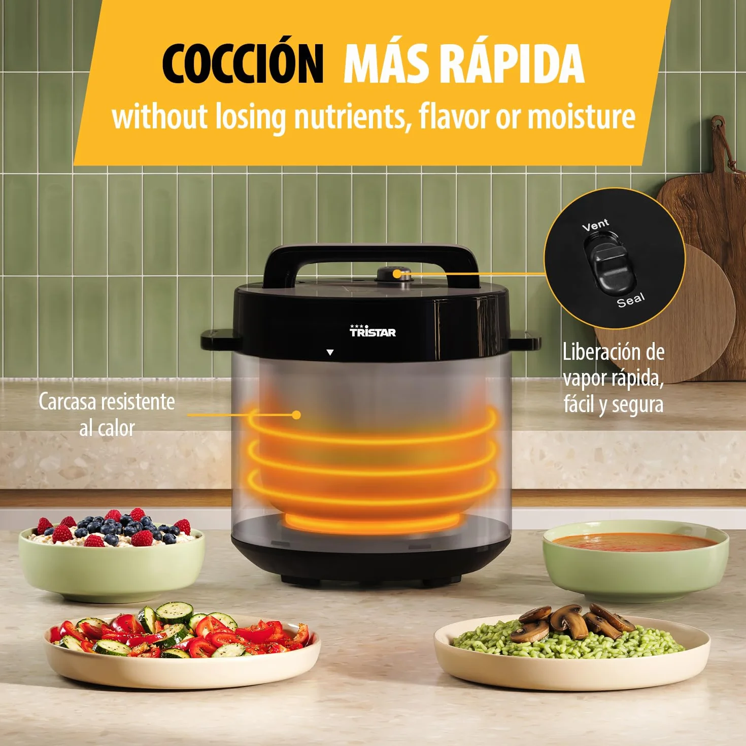 Olla a Presión Eléctrica Tristar, Capacidad de 6 l, Potencia de 1000 W, Funciones de Seguridad Integradas, Cubeta Extraíble, Fácil Limpieza, RK-6160