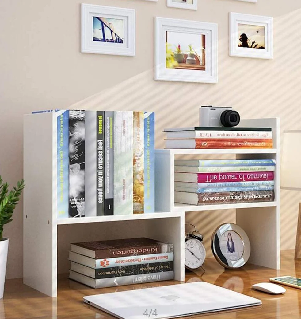 Estantería de escritorio pequeña ajustable de madera, organizador de escritorio ampliable, estantería independiente, organizador de escritorio de suministros de oficina, color blanco