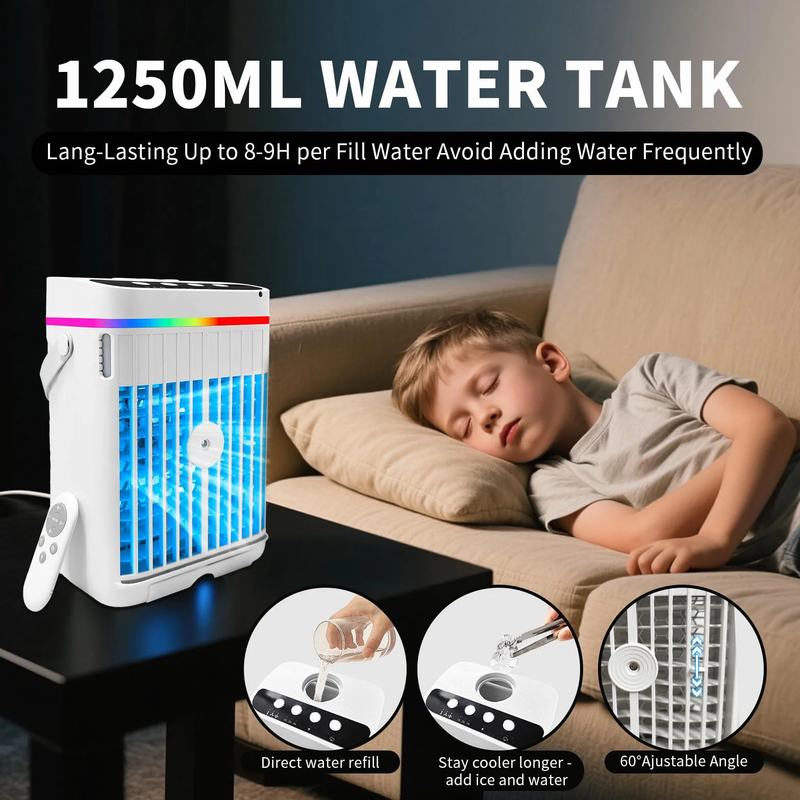 Aire acondicionado portátil, mini enfriador 4 en 1 con refrigeración rápida, función de niebla, luz LED, 3 velocidades y temporizador, ventilador USB silencioso para uso en verano