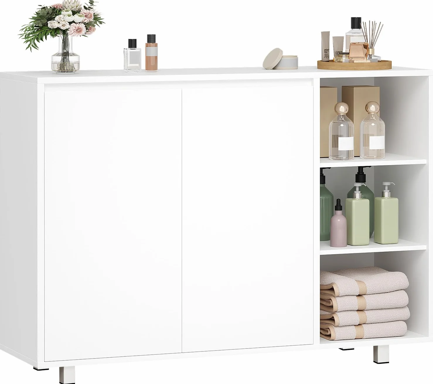 BEWISHOME Mueble de Baño con 2 Puertas y 3 Estantes Ajustables Abiertos | Armario Baño,Amplio Espacio de Almacenamiento,Ideal para Baño,Salón y Cocina,35 x 100 x 80 cm,Blanco