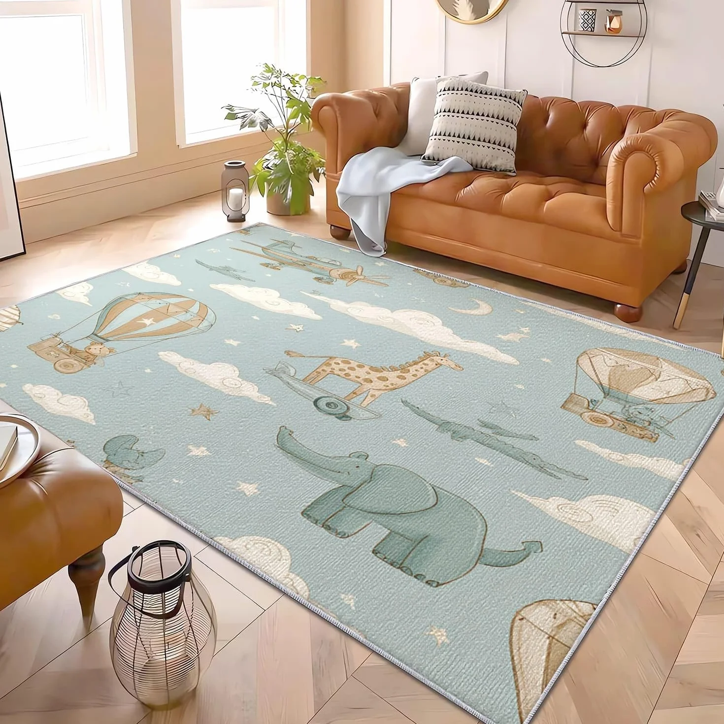 80x150 cm Alfombras Dormitorio Dibujos Animados Aventura Animales Sin Despren dimiento Moderna, Suave y Esponjosa Alfombra Azul Claro Antideslizante Lavable, ideal para salón, Dormitorio o pasillo