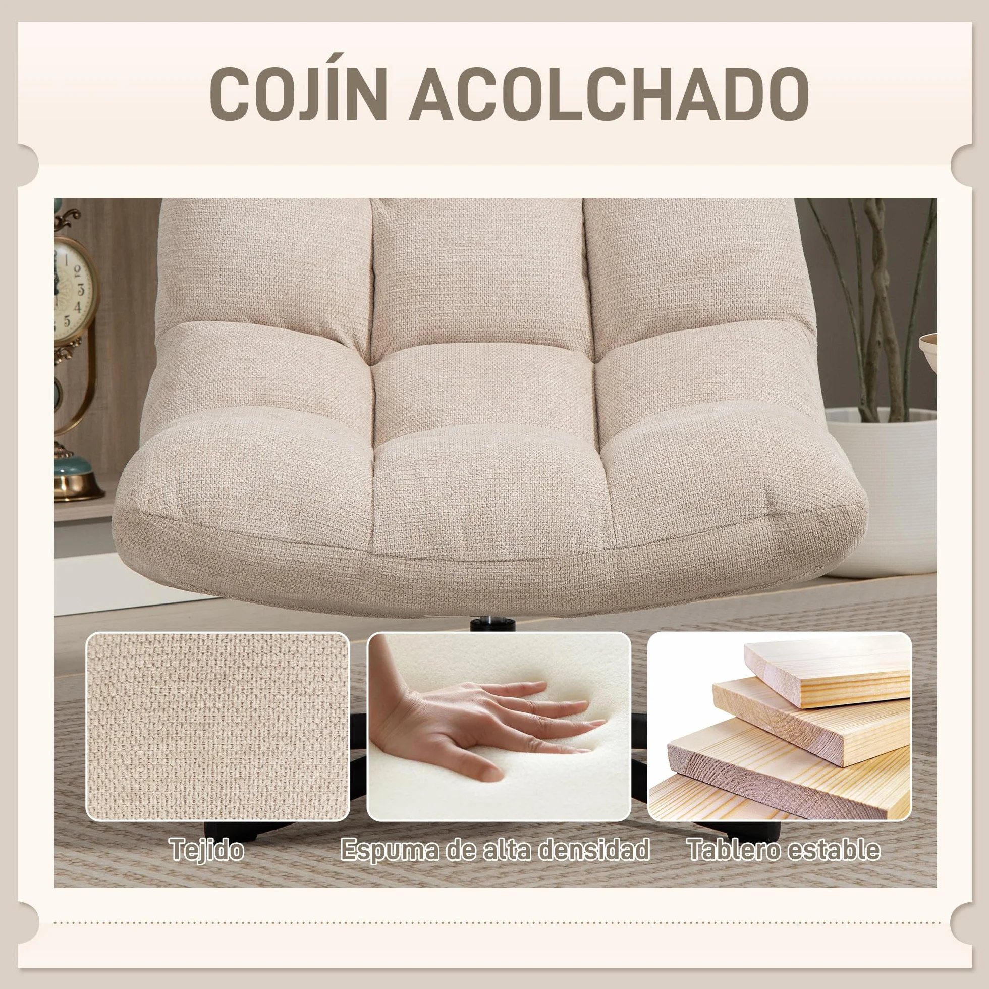 HOMCOM Sillón Giratorio Moderno, Butaca de Salón con Respaldo Plegable, Base de Cruz, Tapizado en Chenilla Impermeable, Asiento Extra Ancho y Patas de Acero, para Sala de Estar, Dormitorio, Crema