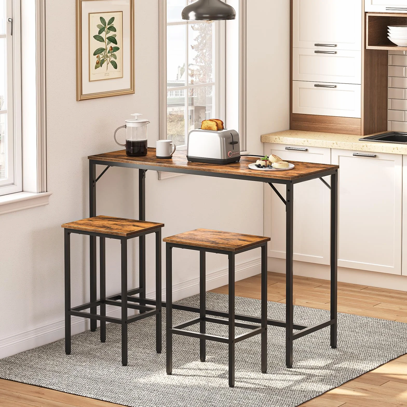 HOOBRO Juego de Mesa y 2 Taburetes de Bar, Estilo Industrial, 120 x 40 x 91 cm, Negro y Marrón Rústico