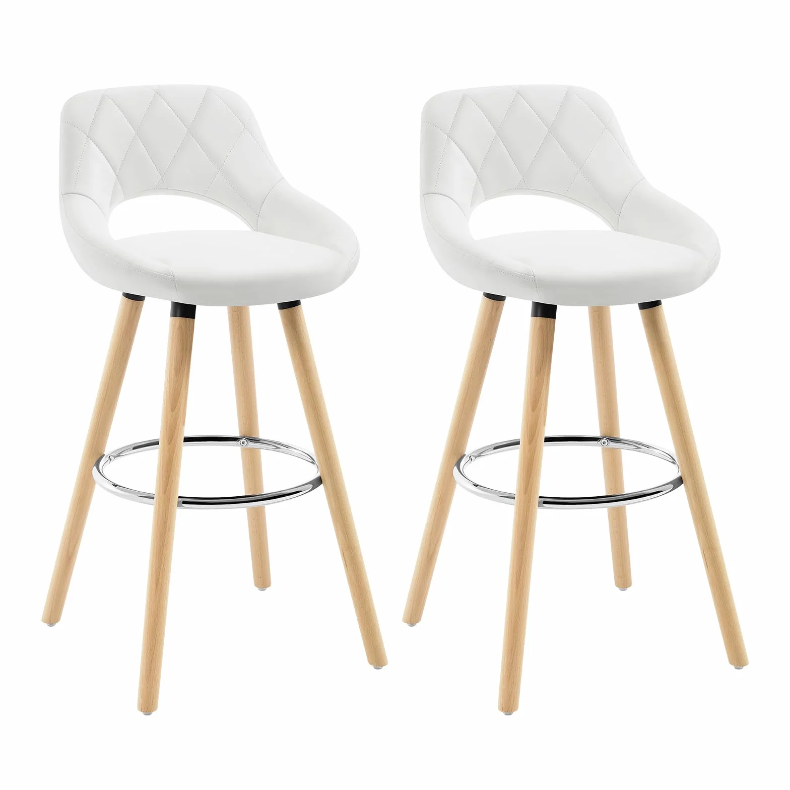 WOLTU Juego de 2 Taburetes Altos con Respaldo Ahuecado y Reposapiés, para Bistro, Cafeteria y Cocina, con Funda de Piel Sintética y Patas de Madera, Blanco