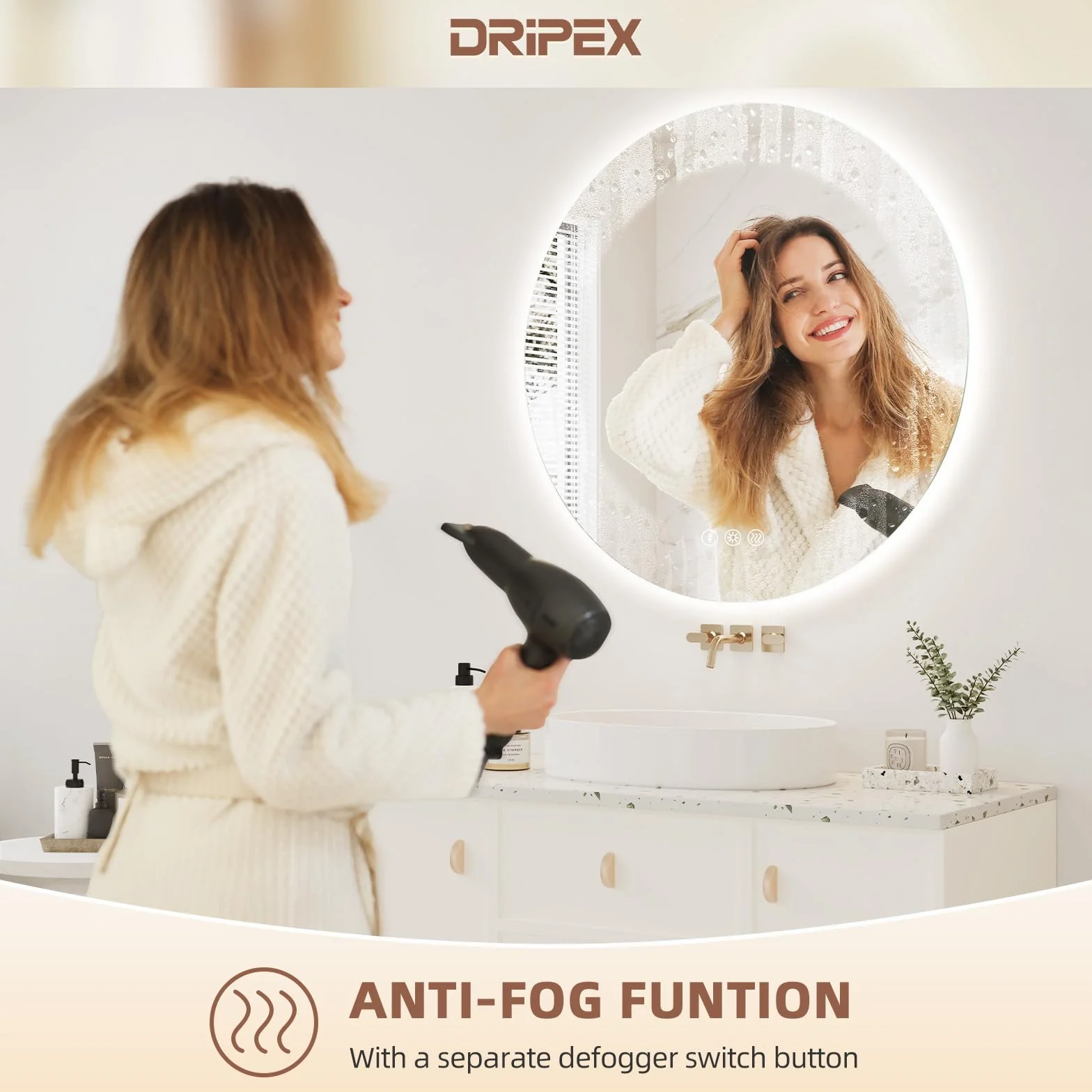 Dripex Espejo Baño con Luz LED, Redondo 70cm Baño Iluminado con 3 Colores de Luz Regulable, Función Antivaho, Vidrio HD con Protección Antiexplosiva, Interruptor táctil,IP44 Impermeable