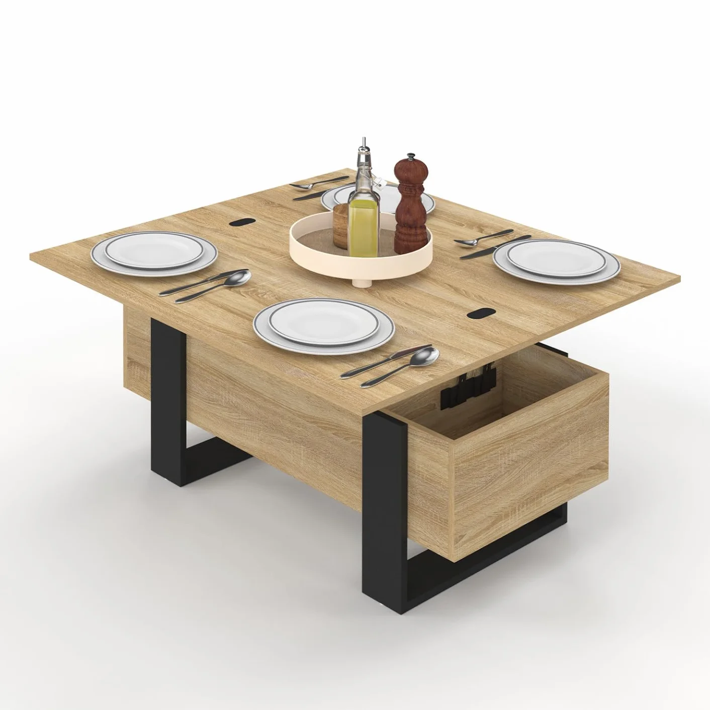 IDMarket - Mesita rectangular que se transforma en una mesa de comedor de diseño industrial PHOENIX