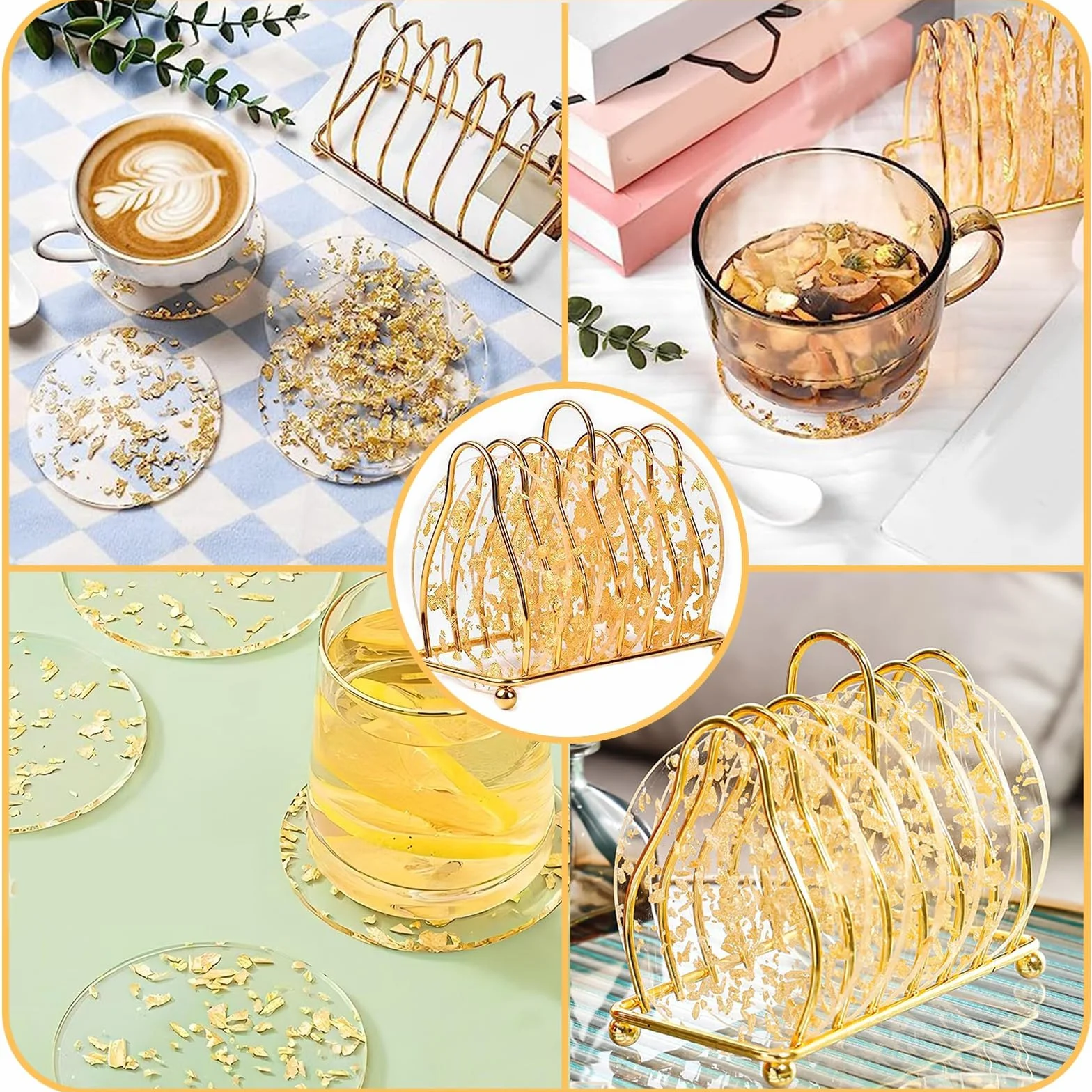Posavasos Redondos Transparentes para Bebidas Juego de 6, Lámina de Oro, Lavables Antideslizantes para Café Té Copas