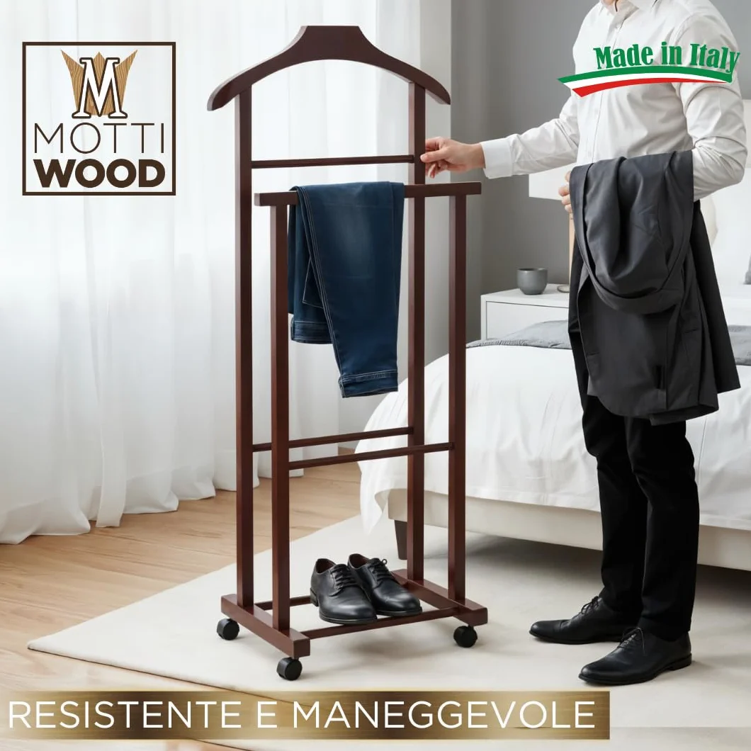 Juego de 2 percheros para dormitorio, color nogal, madera de haya natural, servo mudo doble con 4 ruedas, fabricado en Italia (2 unidades)