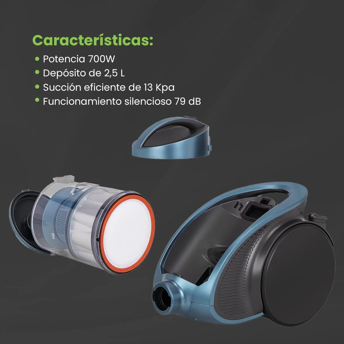 Kubo - Aspiradora sin Bolsa Filtro HEPA - Incluye 4 Accesorios - Funcionamiento Silencioso de 79 dB - Succión de 13 Kpa - Depósito de 2,5 L - Potencia 700W - Color: Quetzal Green