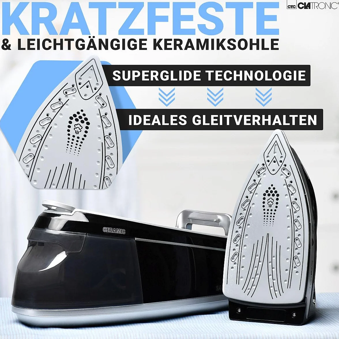 Centro de planchado a vapor Clatronic con plancha de vapor | 3,5 bar | plancha de vapor con suela Superglide y depósito de agua de 1,2L | 80 min. de autonomía | 2400W | con sistema antigoteo |DBS 3749