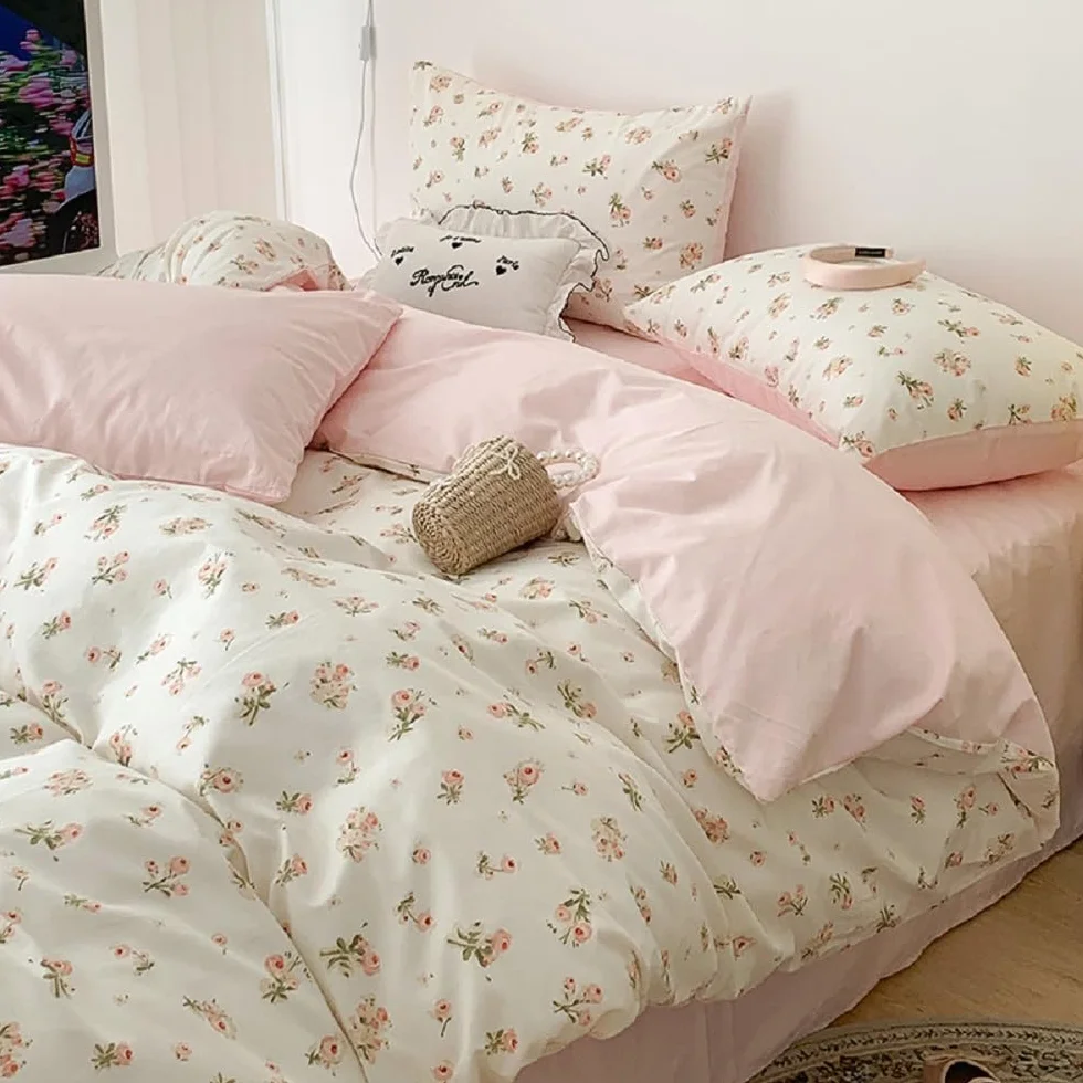 Lanqinglv Ropa de cama de 200 x 220 cm, color rosa y blanco con flores y hojas, reversible, para alérgicos, juego de ropa de cama Aesthetic ÖKO-TEX con funda nórdica con cremallera y 2 fundas de