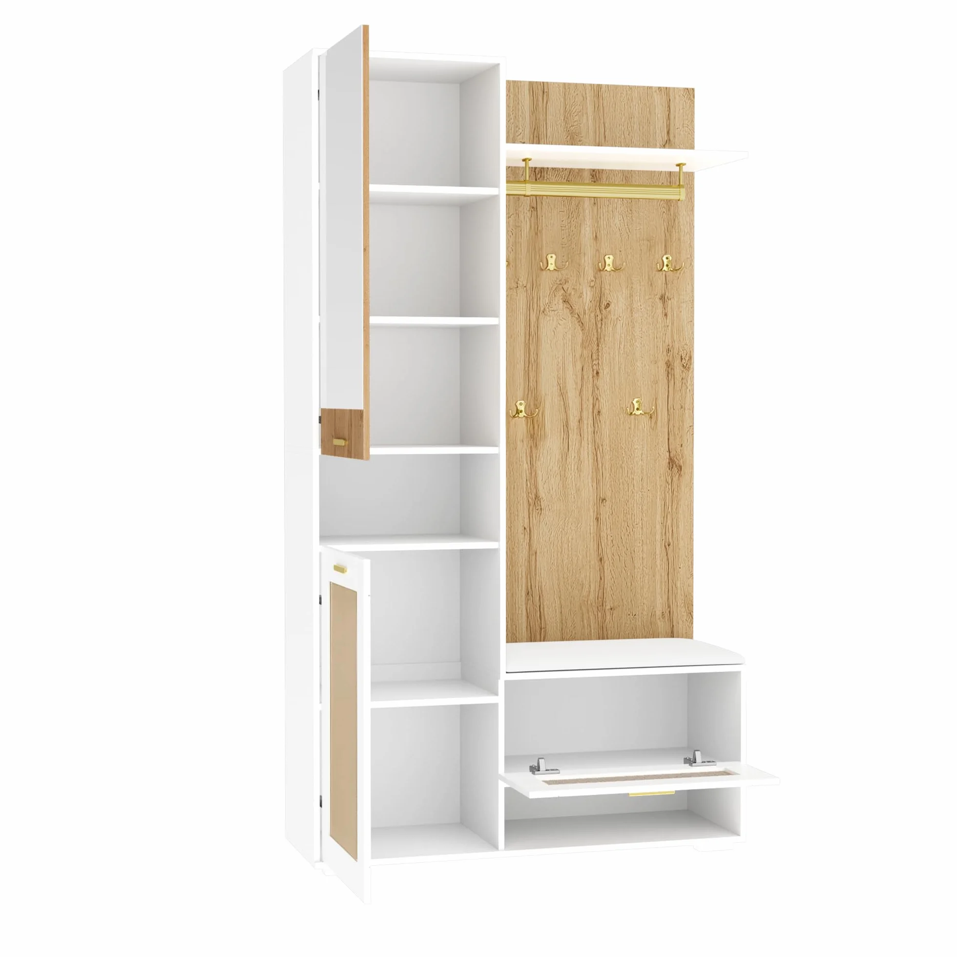 Moimhear Juego de guardarropas, 110x38x190cm, juego de armario con espejo, 5 perchas doradas, zapatero, perchero de pared, banco y iluminación LED de 16 colores