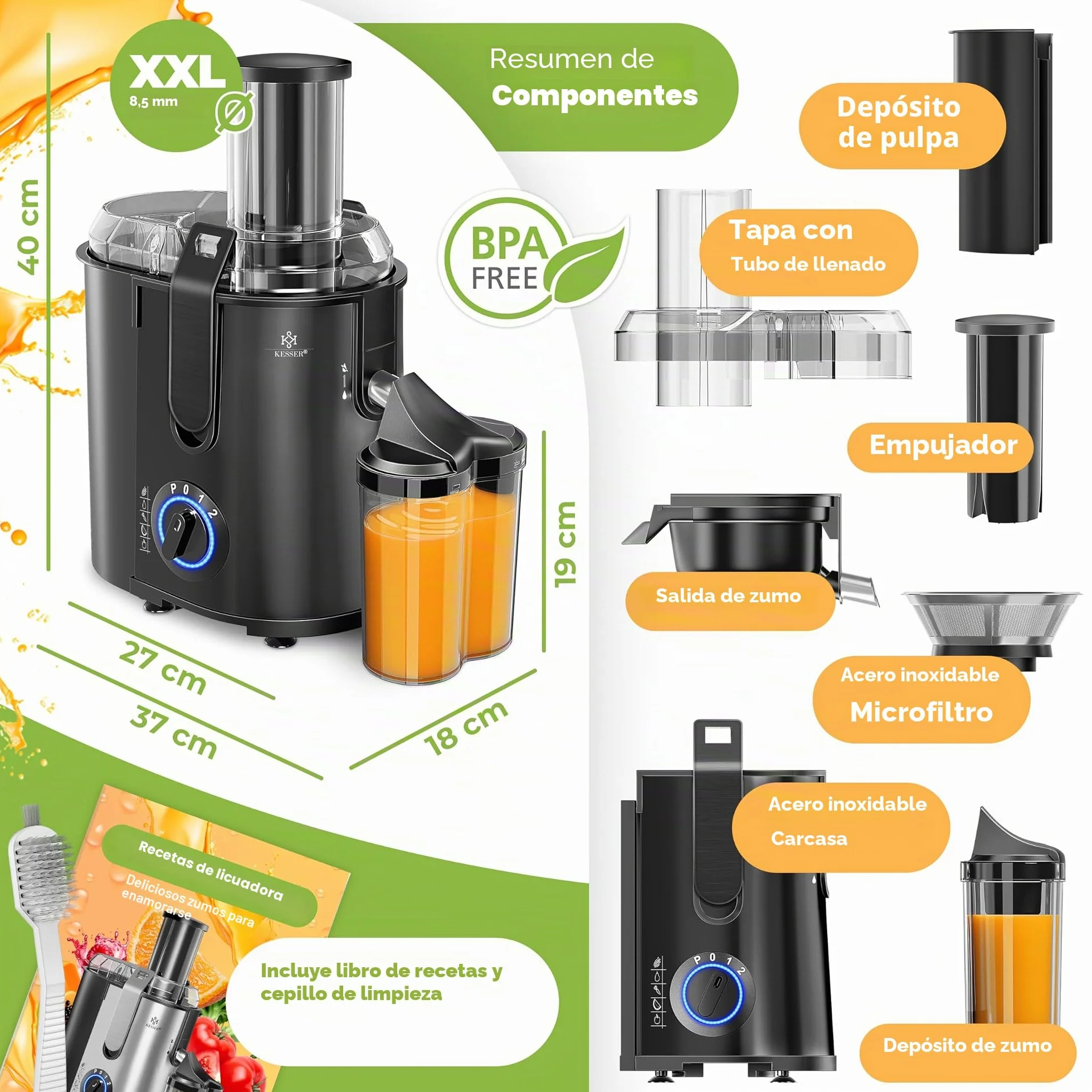 KESSER Exprimidor acero inoxidable 1100W, abertura 85 mm, 3 velocidades, Negro