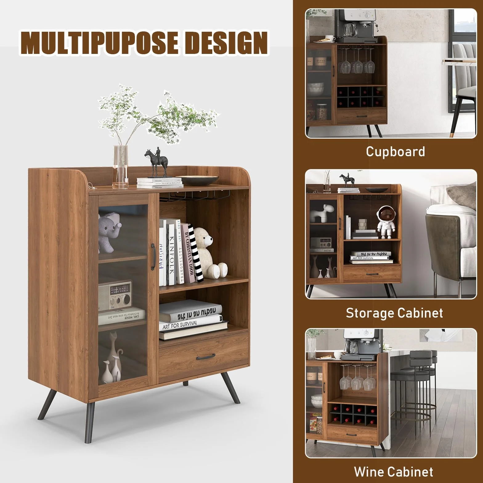 KOMFOTTEU Armario para Vino Industrial, Aparador de Cocina con Portabotellas, Soporte de Cristal, Cajón, Mueble de Almacenamiento con Puerta de Vidrio y Estante Abierto, Armario Bar 80 x 40 x 95 cm