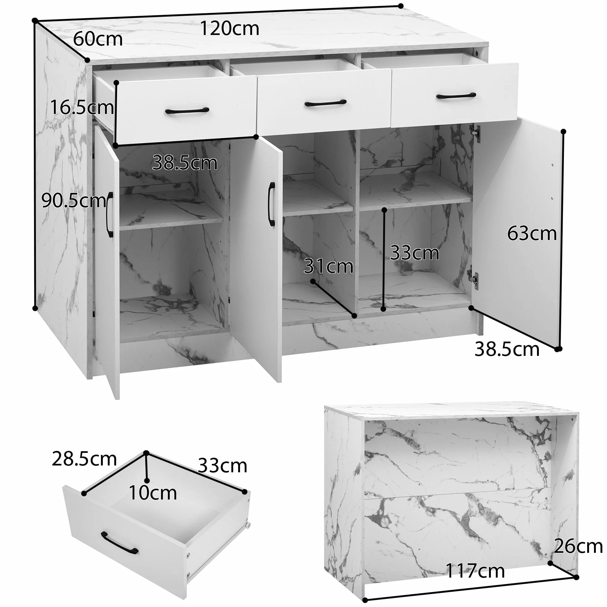 Isla de cocina grande 120 x 60 x 90,5 cm, 3 cajones y 3 puertas, diseño de mármol blanco, estantes ajustables, cajones silenciosos, diseño de área de bar - Utensilios de cocina elegantes y prácticos