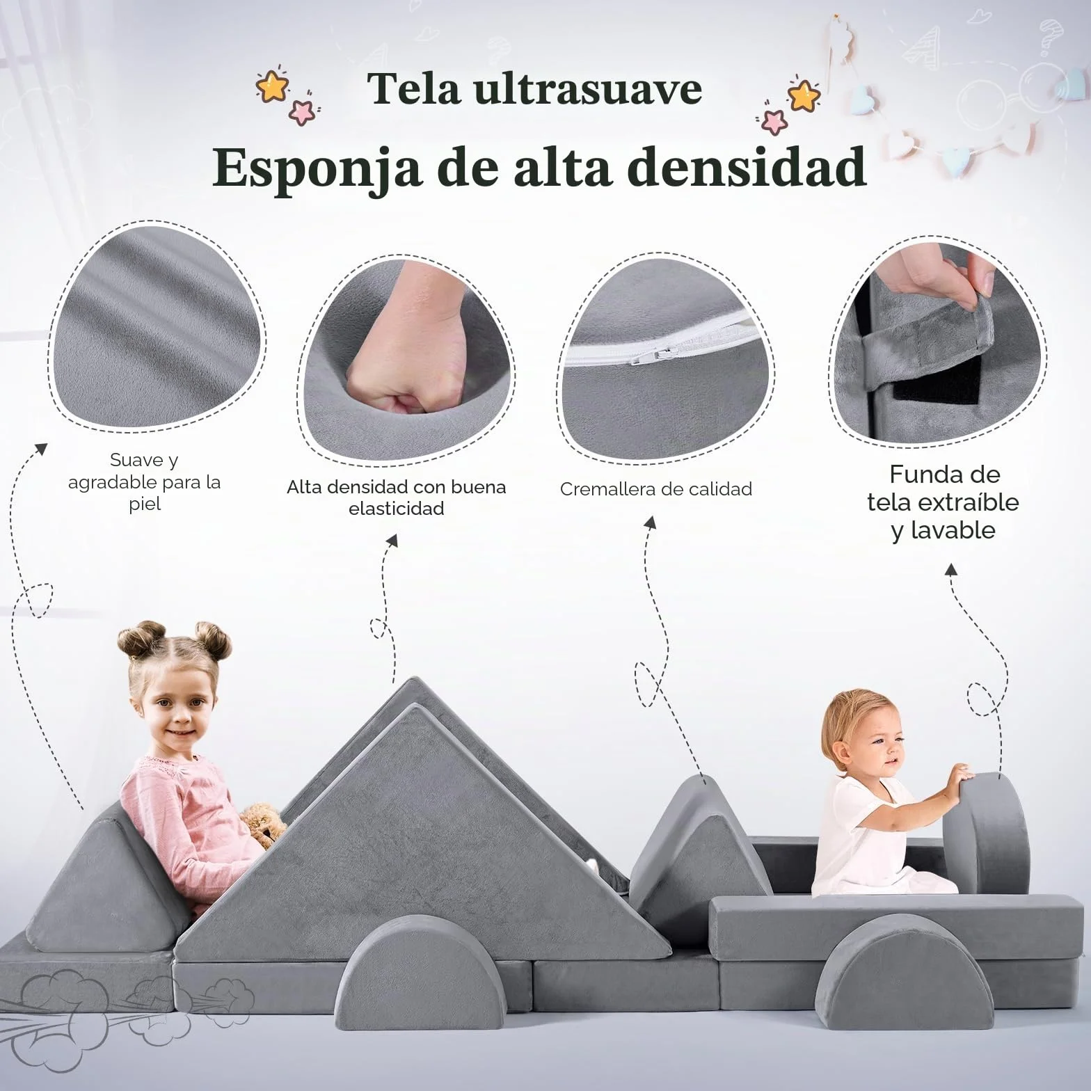 Sofá para niños, Juego de sofás para niños de 14 Piezas, Bloques de construcción de Espuma apilables, sofá de Juegos para niños para Zona de Dormir y Sala de Juegos (Gris)