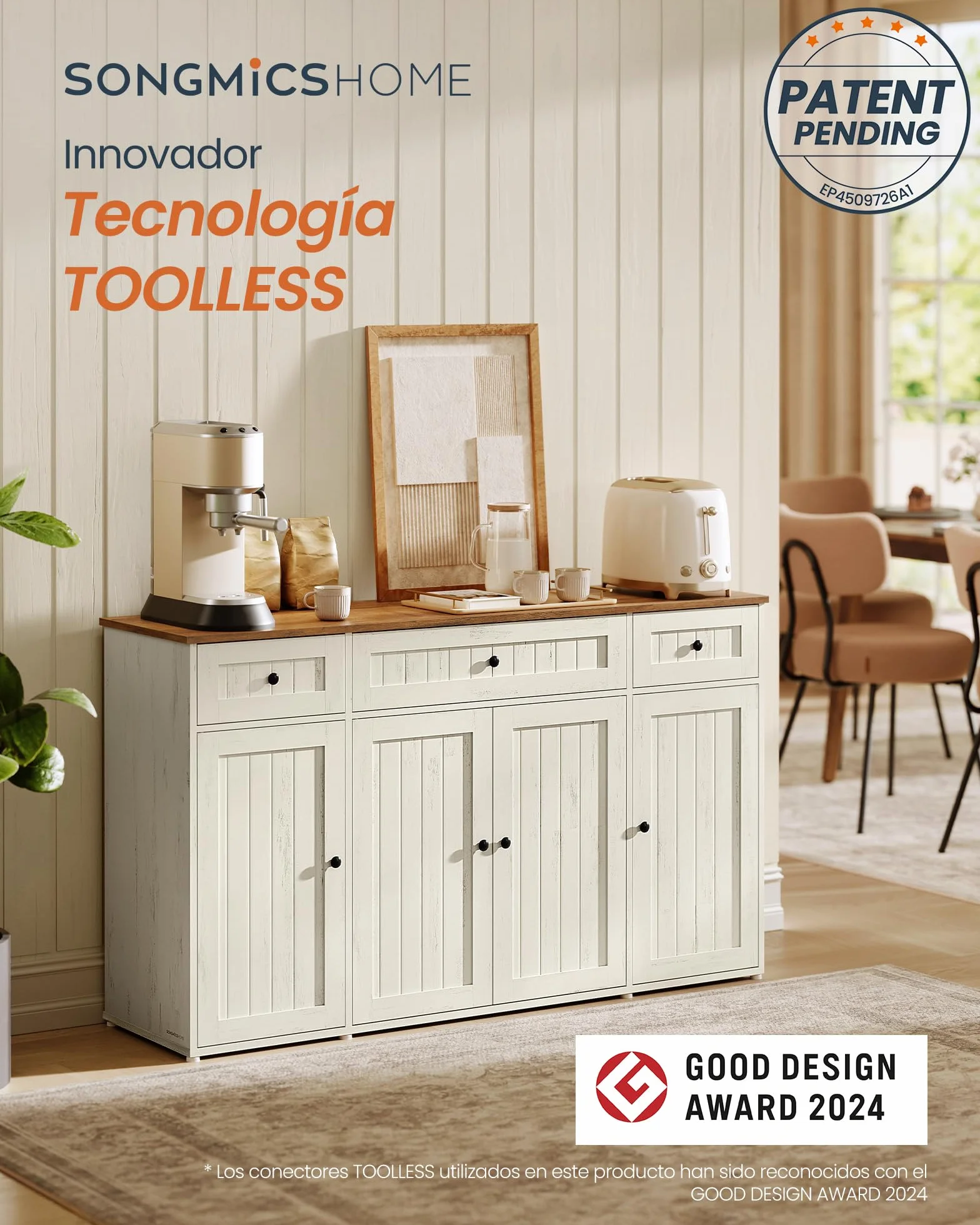 SONGMICS HOME Aparador, Montaje Súper Rápido Sin Herramientas Toolless, Mueble de Cocina con Encimera, Estantes Ajustables, Blanco Rústico y Marrón Miel BBK376WJ02