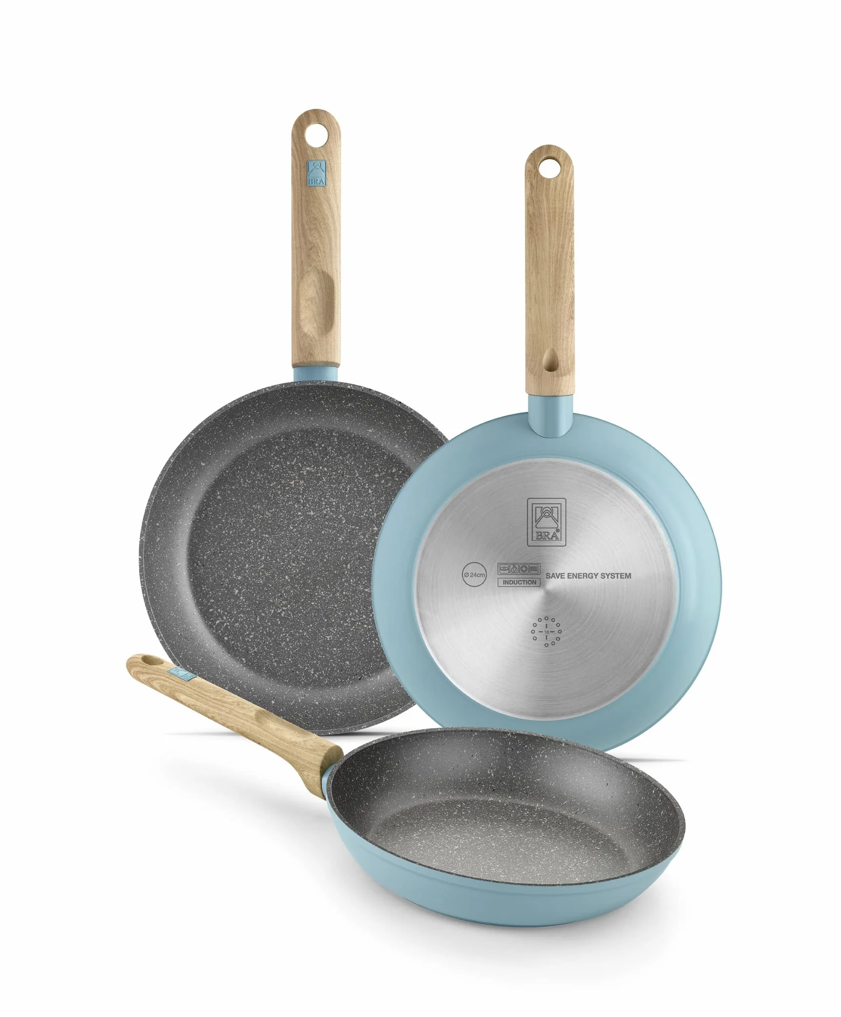BRA Nordik | Set de sartenes 20-24-28 cm de diseño nórdico de aluminio forjado con antiadherente, aptas para todo tipo de cocinas incluida inducción, color turquesa