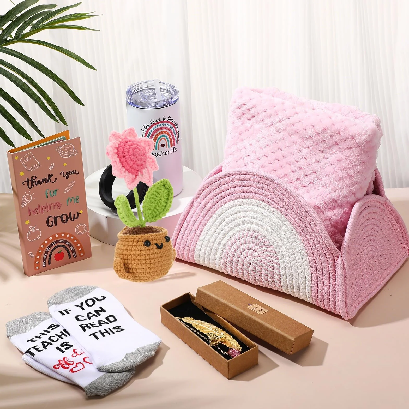 Zopeal Regalo de agradecimiento para profesores, cesta tejida 4 en 1, vaso para profesores, regalo de cumpleaños para profesores, regalo escolar, regalos de agradecimiento para profesores, San