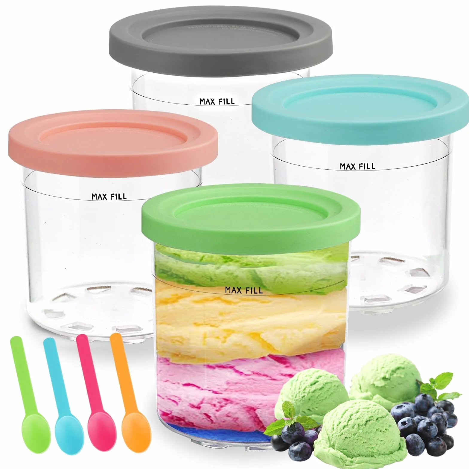 4 Contenedores Creami para Máquina de Helados Ninja, Compatibles con NC301 NC300 NC299, Aptos para Lavavajillas, Antifugas con 4 Tapas y Cucharas Incluidas