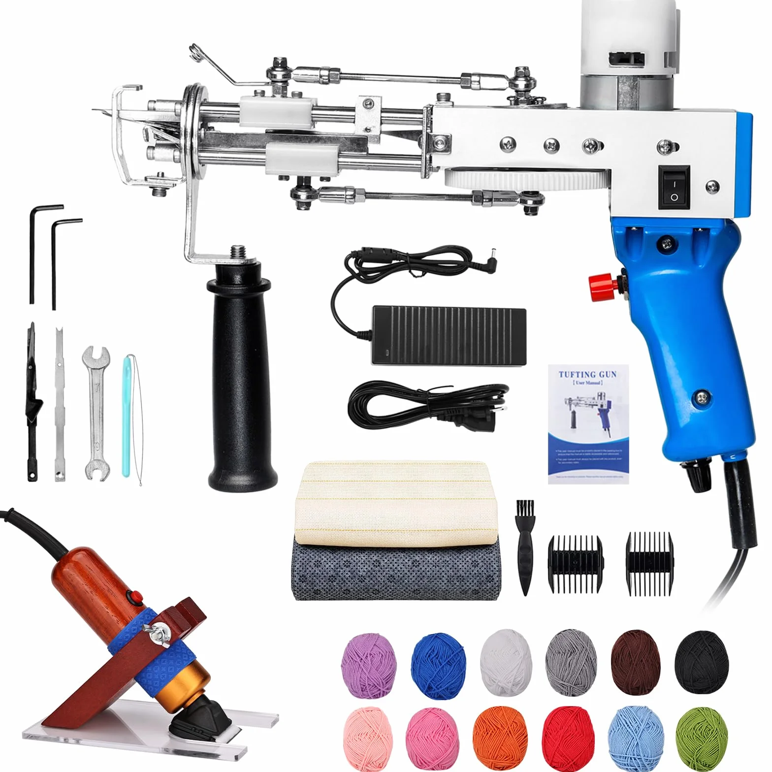 Juego de pistola de pelo con recortadora de alfombras, hilo y tela de tufing, juego de pistolas para tejer alfombras de alta velocidad, kit de máquina de mechones de bricolaje, color azul
