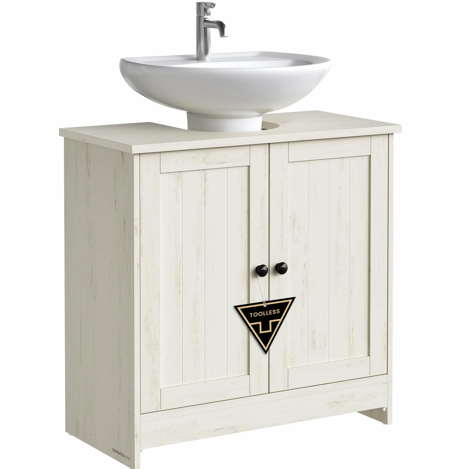 SONGMICS Home Mueble Bajo Lavabo para Baño, Montaje Súper Rápido Sin Herramientas Toolless, Armario con Estante Ajustable, para Lavabos con o sin Pedestal, Blanco Rústico BBC223WJ01