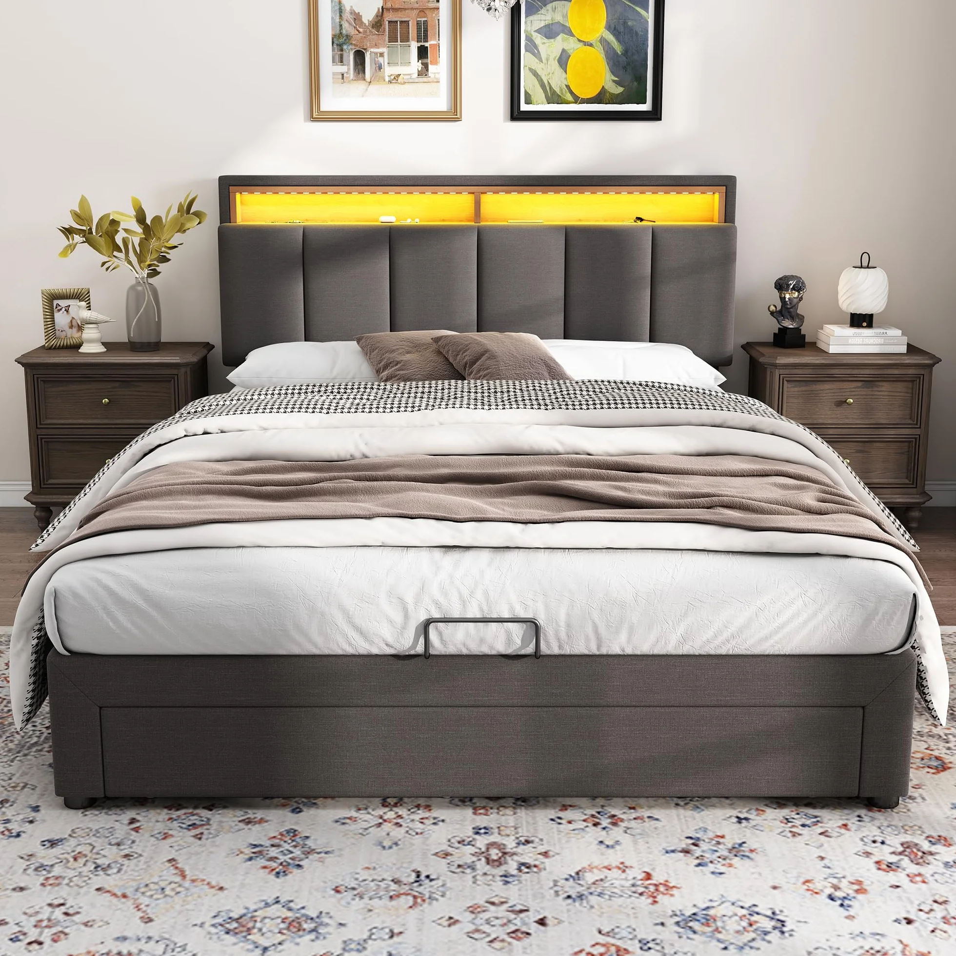 Cama Tapizada de 140x190 cm con LED y 2 Cajones, Estructura de Cama Doble con Soporte de Láminas y Almacenamiento Hidráulica, Cabecero con Almacenaje, Lino, Gris, Sin Colchon