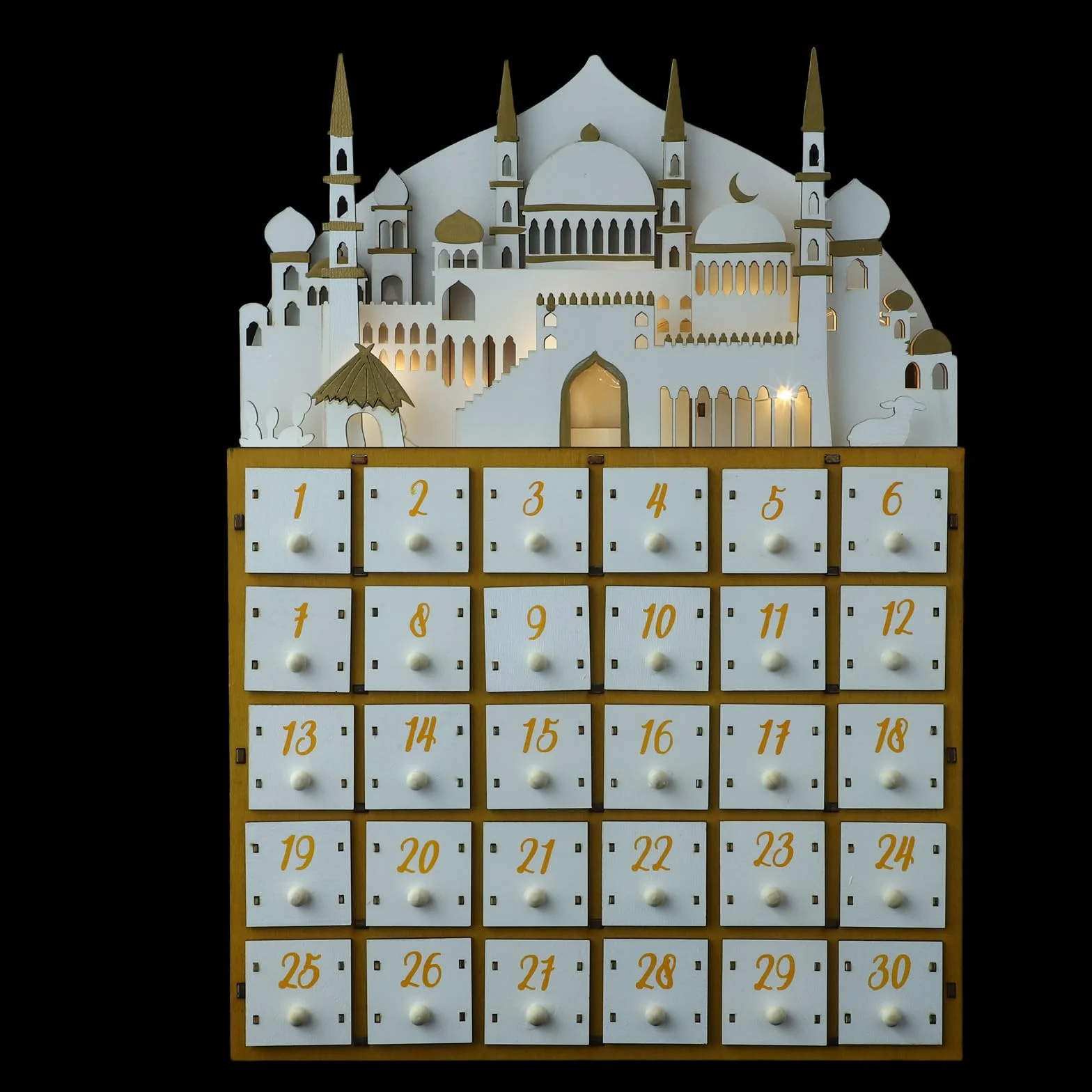 TOYANDONA Calendario de Adviento para Ramadán con Luz LED y 30 Cajones de Madera, Organizador de Escritorio Adecuado para Fiestas y Decoraciones de Ramadán