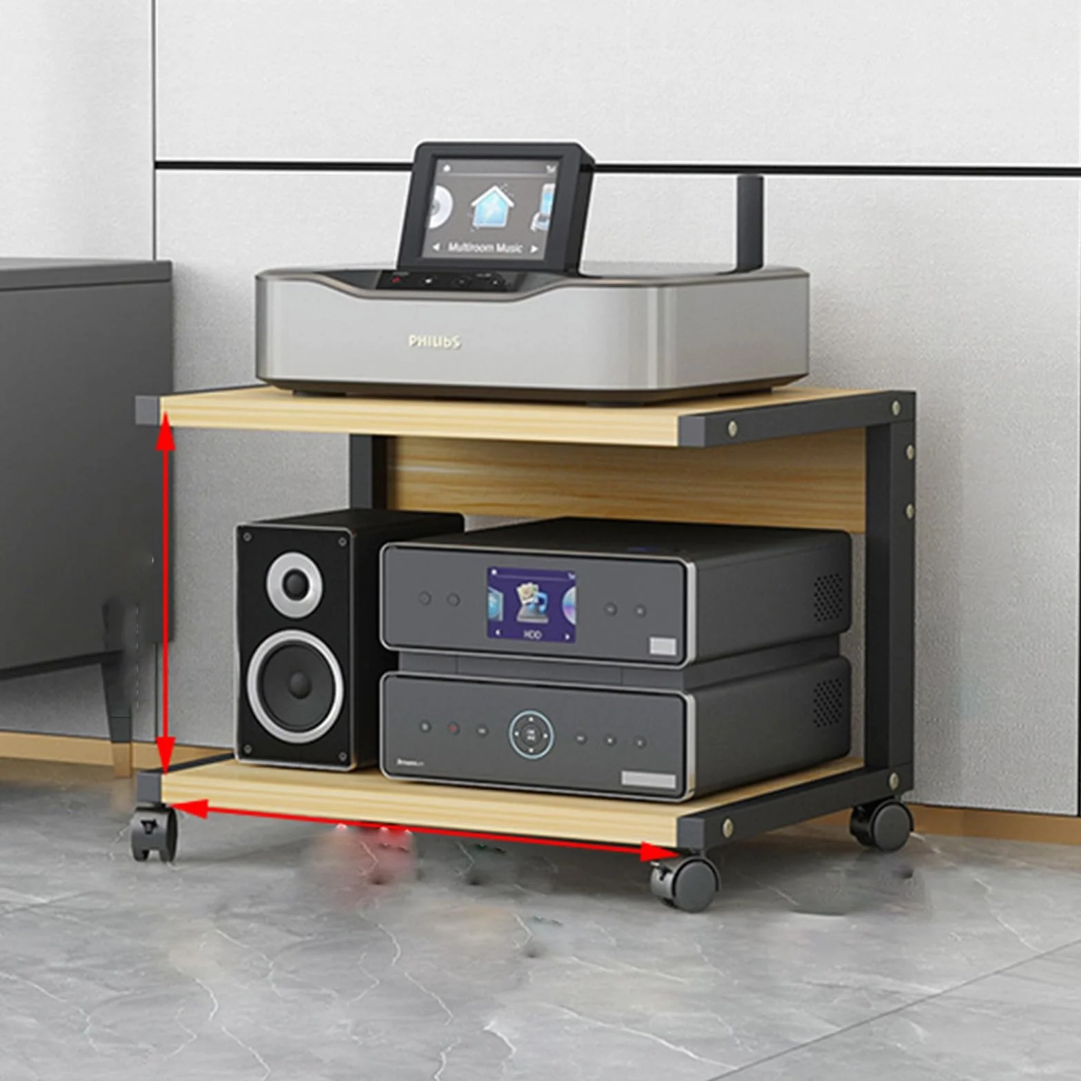Mueble Equipo Hifi Torre de 2 Niveles Estantes for Amplificadores de Parlantes for Tocadiscos Soporte de MDF Estante de Audio Estante de Almacenamiento de Componentes Estéreo(Black+wood,50x40x40cm)