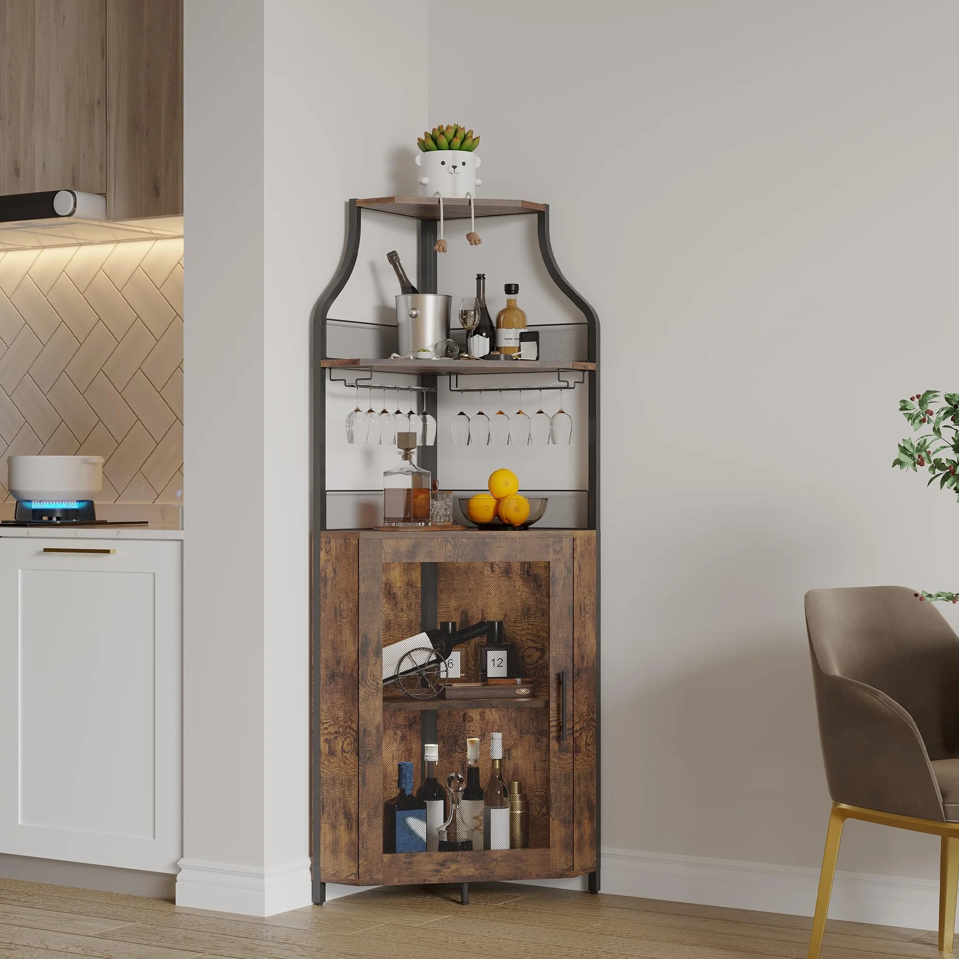GarveeHome - Mueble esquinero para barra de vino con iluminación LED, 5 pisos ajustables y soporte para vasos integrados, ahorro de espacio de 35 cm para espacios reducidos (estilo loft retro