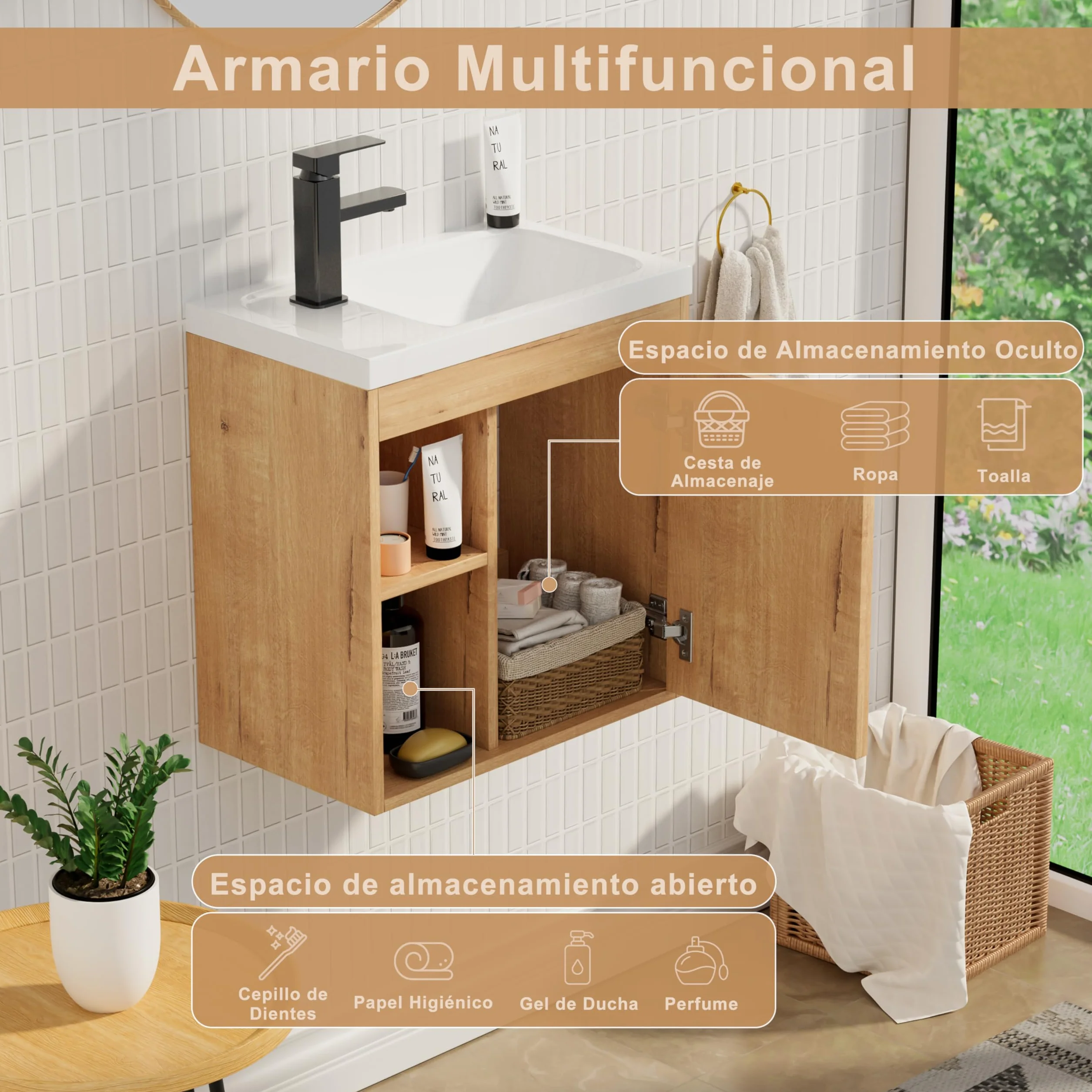 UEV Mueble de Baño con Lavabo de Resina, Mueble de Baño Suspendido con Diseño Único y Practicidad, Modelo de Madera Natural, 50,5 x 30 x 50 cm, Natural