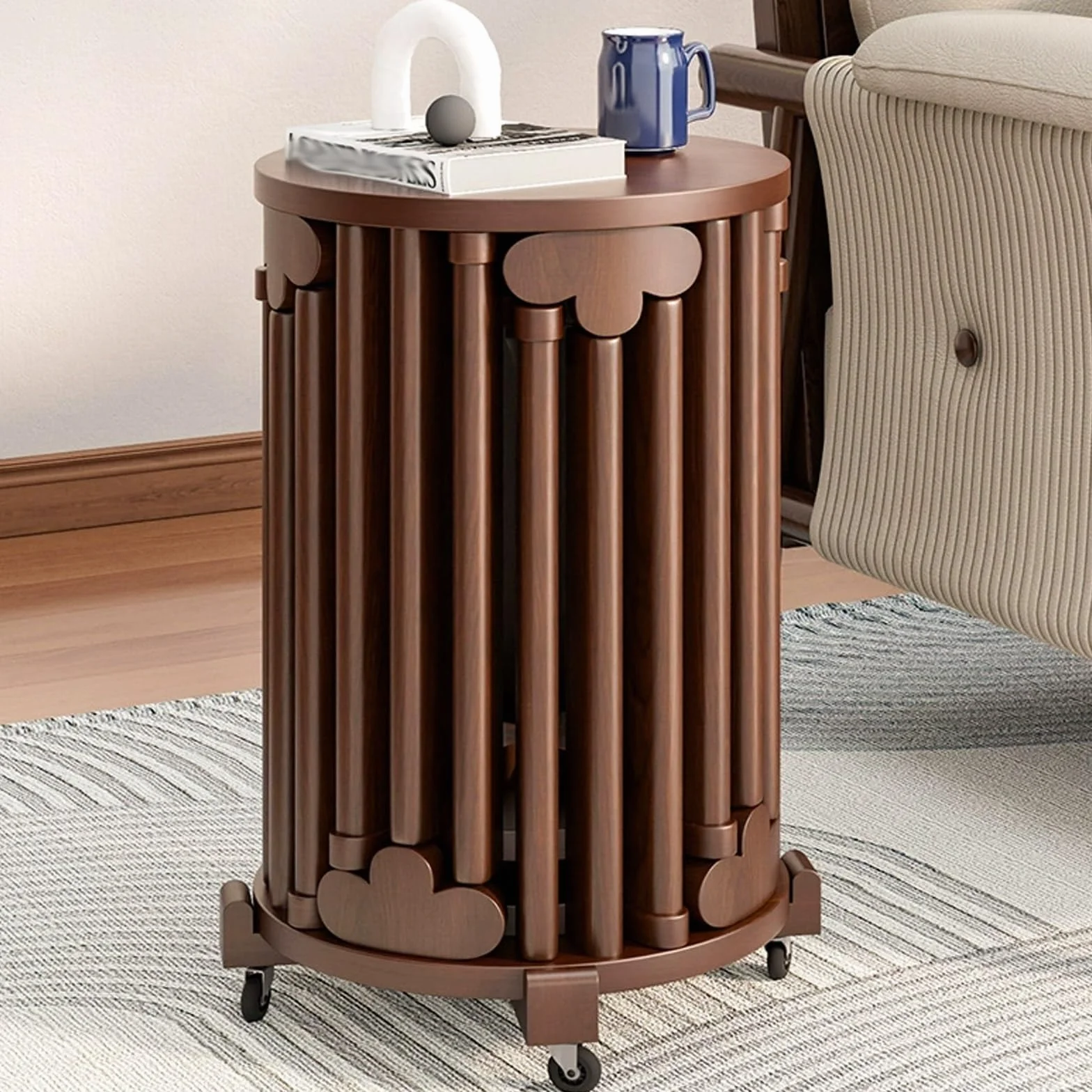 Juego de 6 Taburetes Apilables de Madera con Ruedas Silenciosas de 360° for Comedor, Dormitorio, Sala de Estar, Sofá y Mesa Auxiliar.
