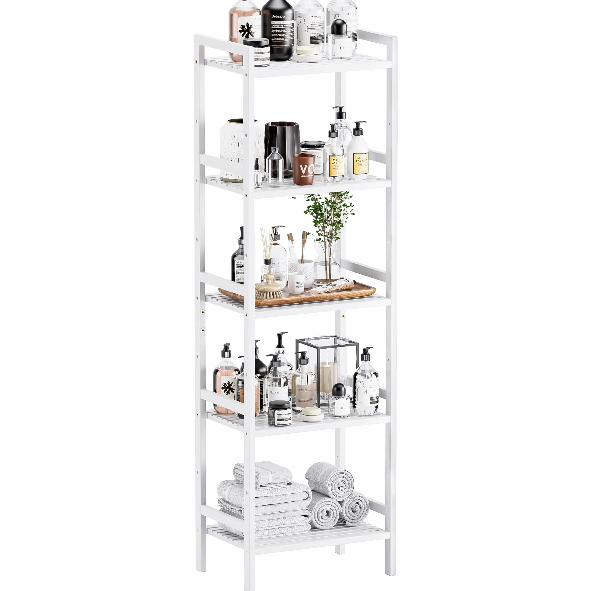 HITNET Estantería de Bambú, Organizador de Estante de Almacenamiento de Baño, Estantería de pie para Plantas con 5 Estantes Ajustables, Blanco