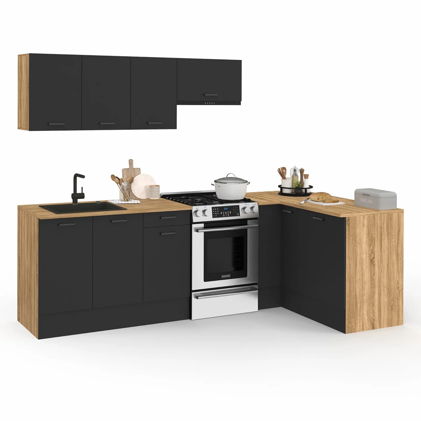 IDMarket - Cocina completa en ángulo 400 CM SUBTIL con encimera de 7 elementos en madera y negro