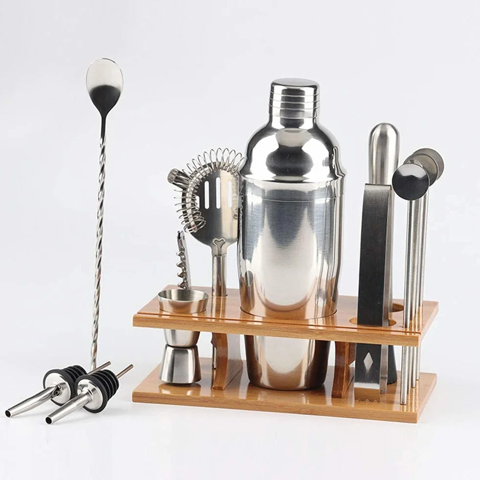 Juego de coctelera, Juego de Barman, 14 Piezas de Acero Inoxidable con Elegante Soporte de bambú, Kit de Barman para el hogar para Principiantes, Regalo de Boda de Navidad