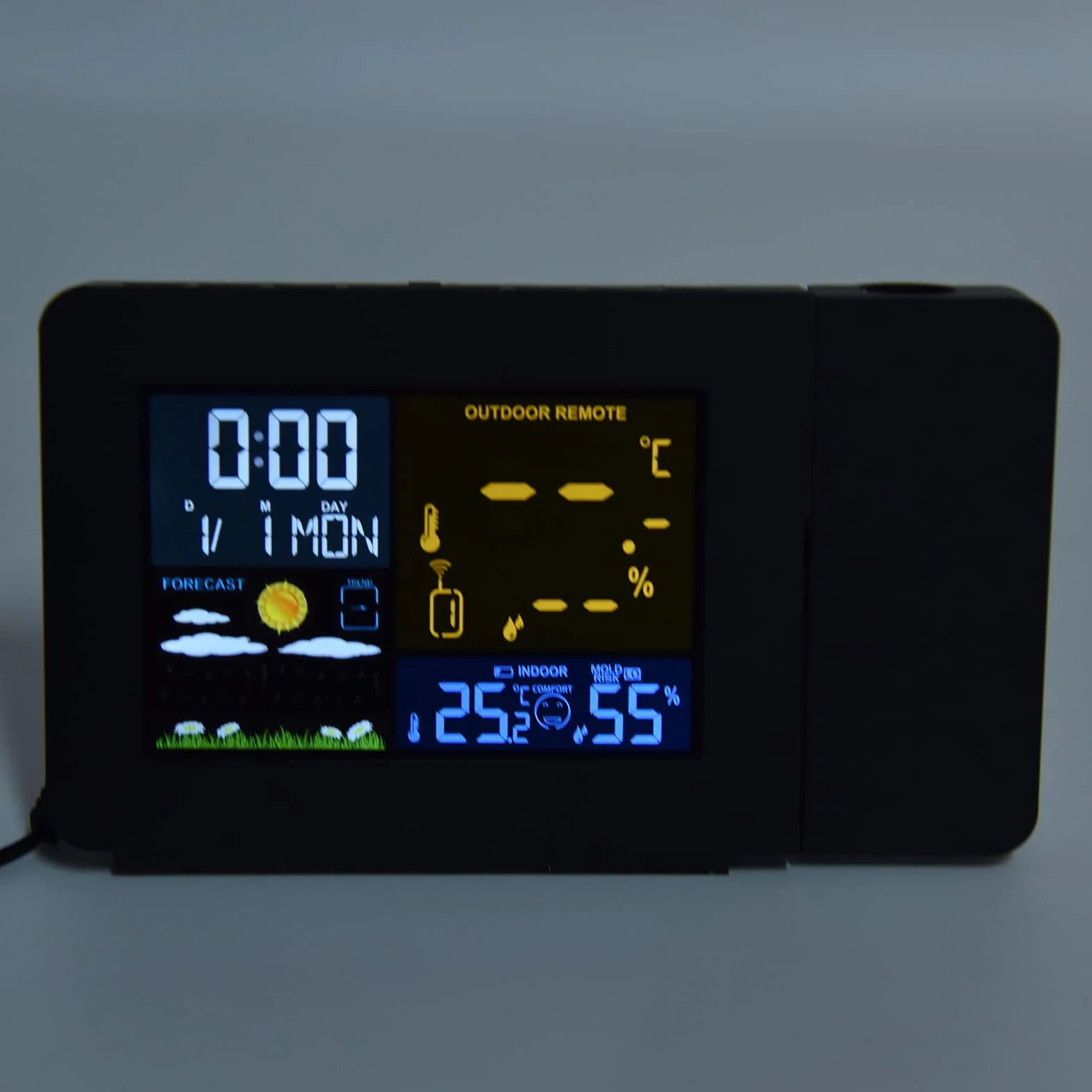 CHICIRIS Reloj Despertador Digital con Proyección para Dormitorio Estación Meteorológica Inalámbrica Termómetro Higrómetro Interior Exterior 7 Idiomas Alarma Dual