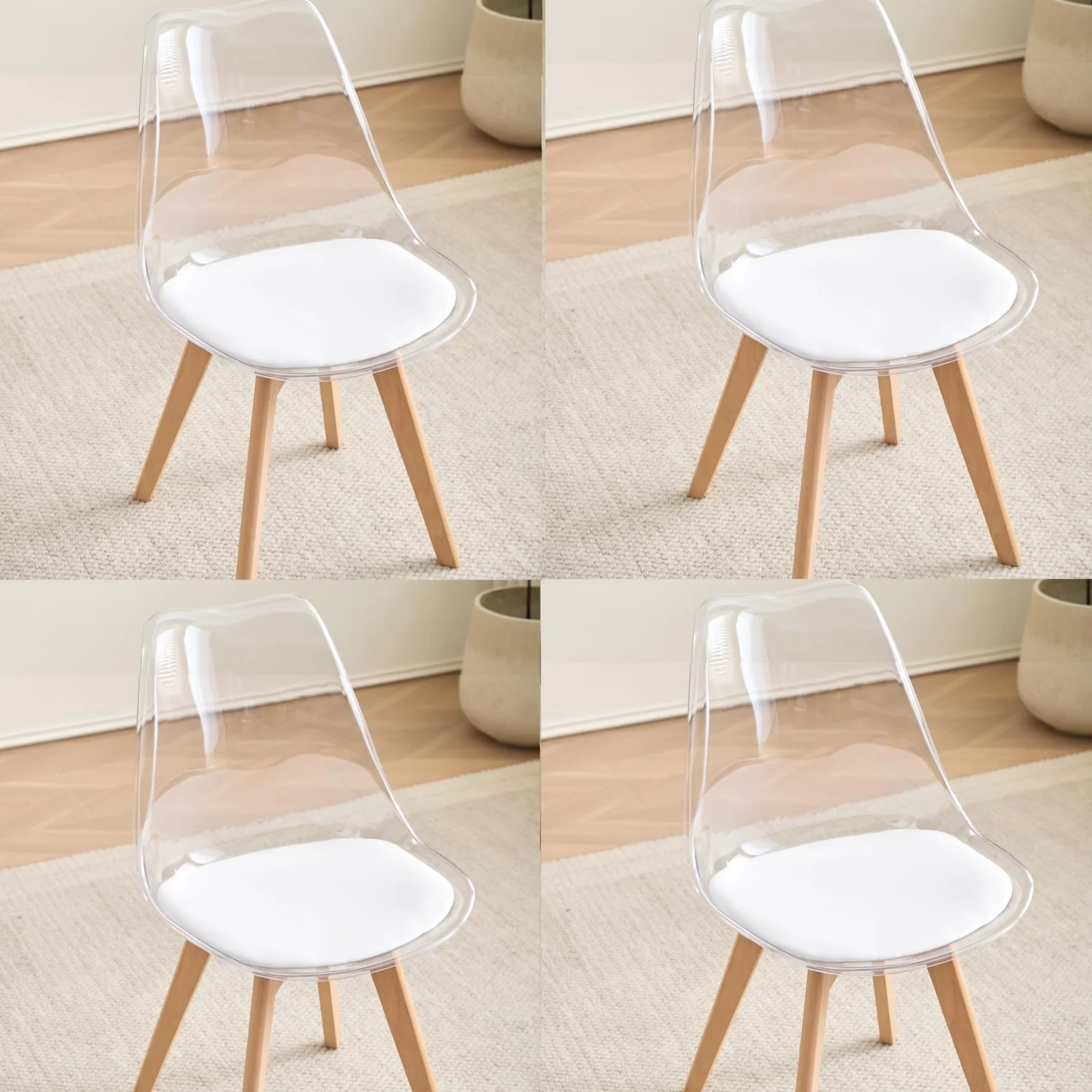 GrandCA HOME Transparente Sillas de Comedor Tapizadas en Tela,Nordicas Sillas Pack 4 para Cocina Comedor Dormitorio (Pack 4, Blanco/Cuero)