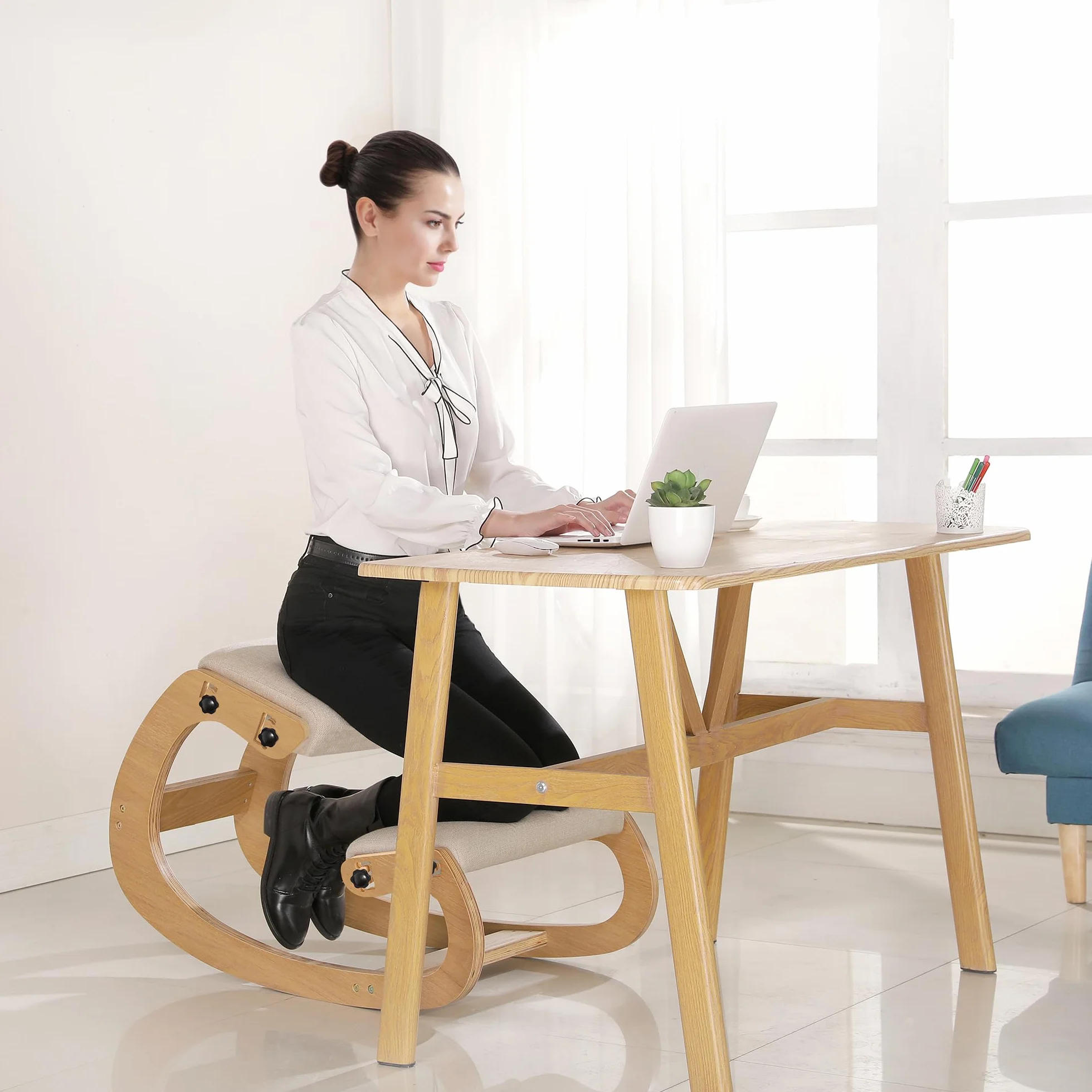 Predawn Silla Ergonómica Rodillas, Silla Rodillas, Silla de Rodillas, Sillas Ergonomicas, Taburete Ergonomico, Oficina y Meditación, Madera y Cojín de Lino (Roble Blanco)