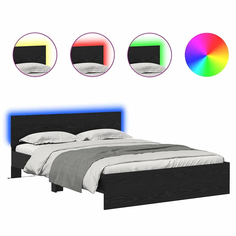 Estructura de cama LED de roble negro, 120 x 190 cm, con luces que cambian de color, diseño moderno y estable de madera para jóvenes y habitaciones de invitados