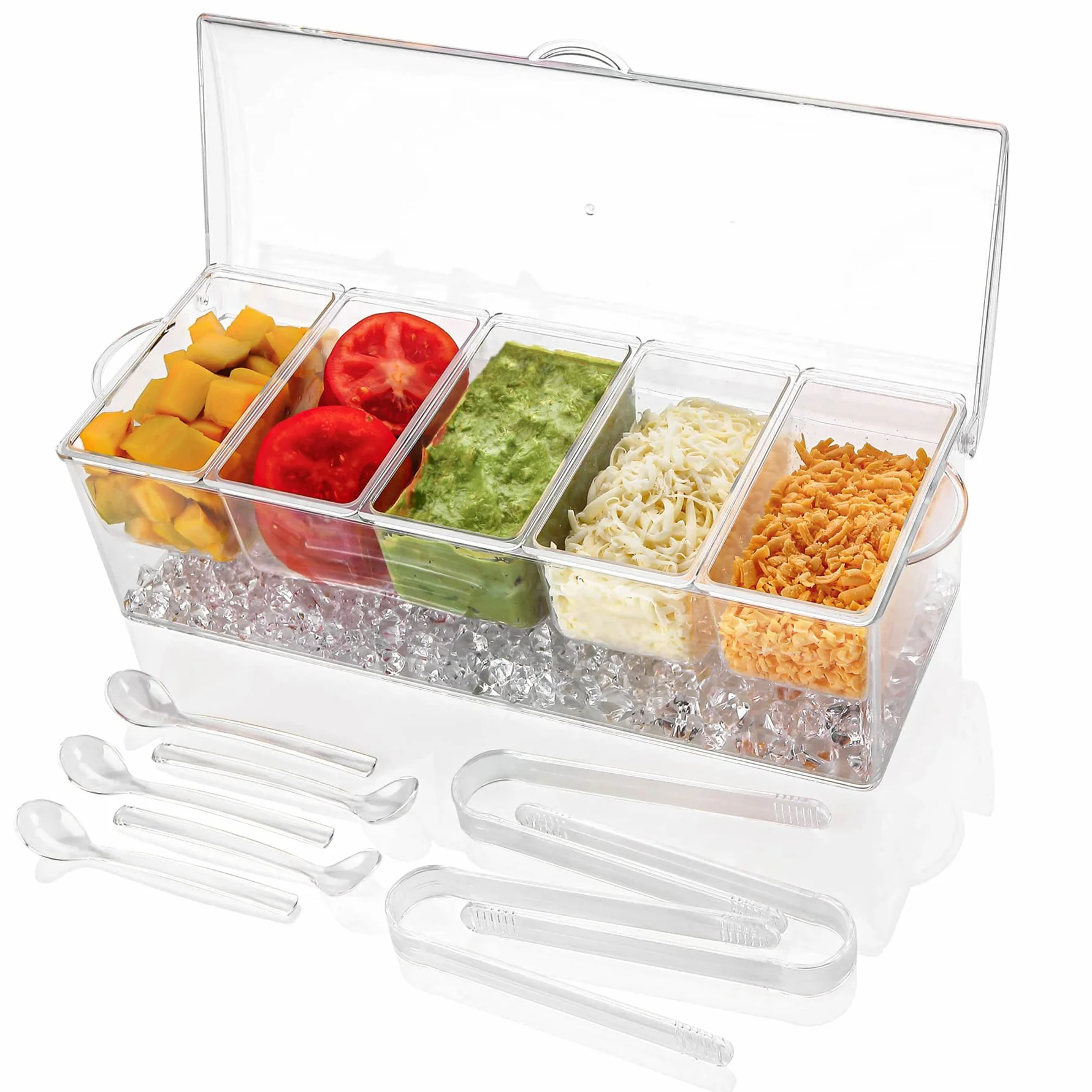 Cubo para condimentos con 5 compartimentos bandeja para servir con 5 platos extraíbles capacidad para más de 2 tazas cada uno y tapa con bisagras 5 cucharas 3 pinzas 1 taza con tenedores incluidos