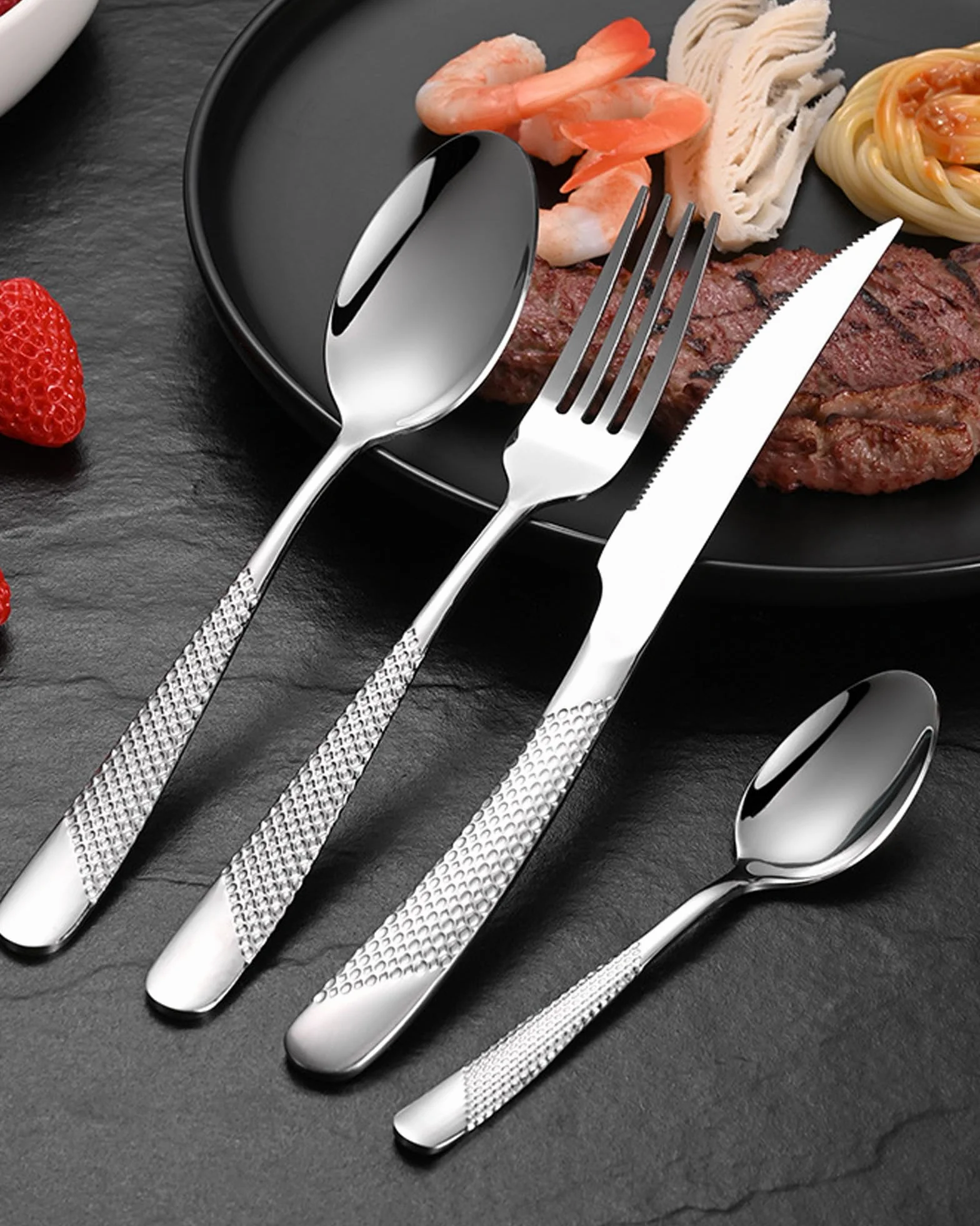 Genérico Juego De Cubiertos Martillados De 72 Piezas, Cubiertos De Acero Inoxidable 18/8, Diseño De Mango Martillado De Diamante, Juego De Cubiertos para Banquetes Familiares (48pcs)