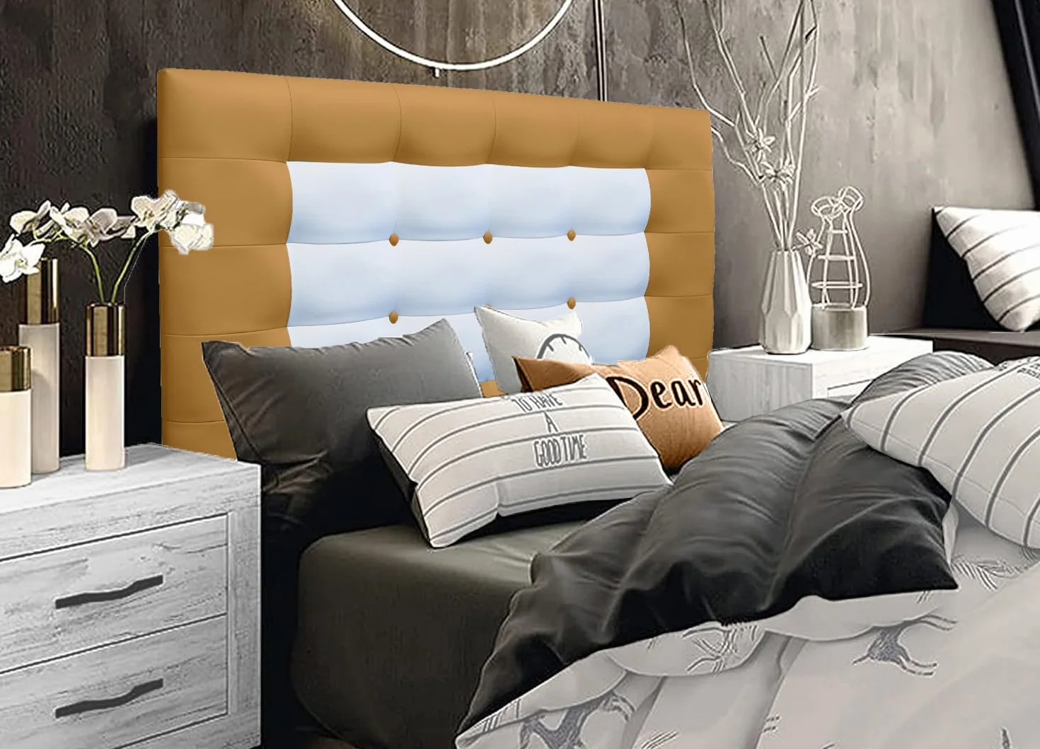 ONEK-DECCO Cabecero de Cama tapizado en Polipiel, Acolchado con Espuma, de niño, Juvenil y Adulto, Cabezal Moderno de Colgar Altura 70cm. Mod. Florida (Mostaza-Blanco con Botones, 155 X 70)