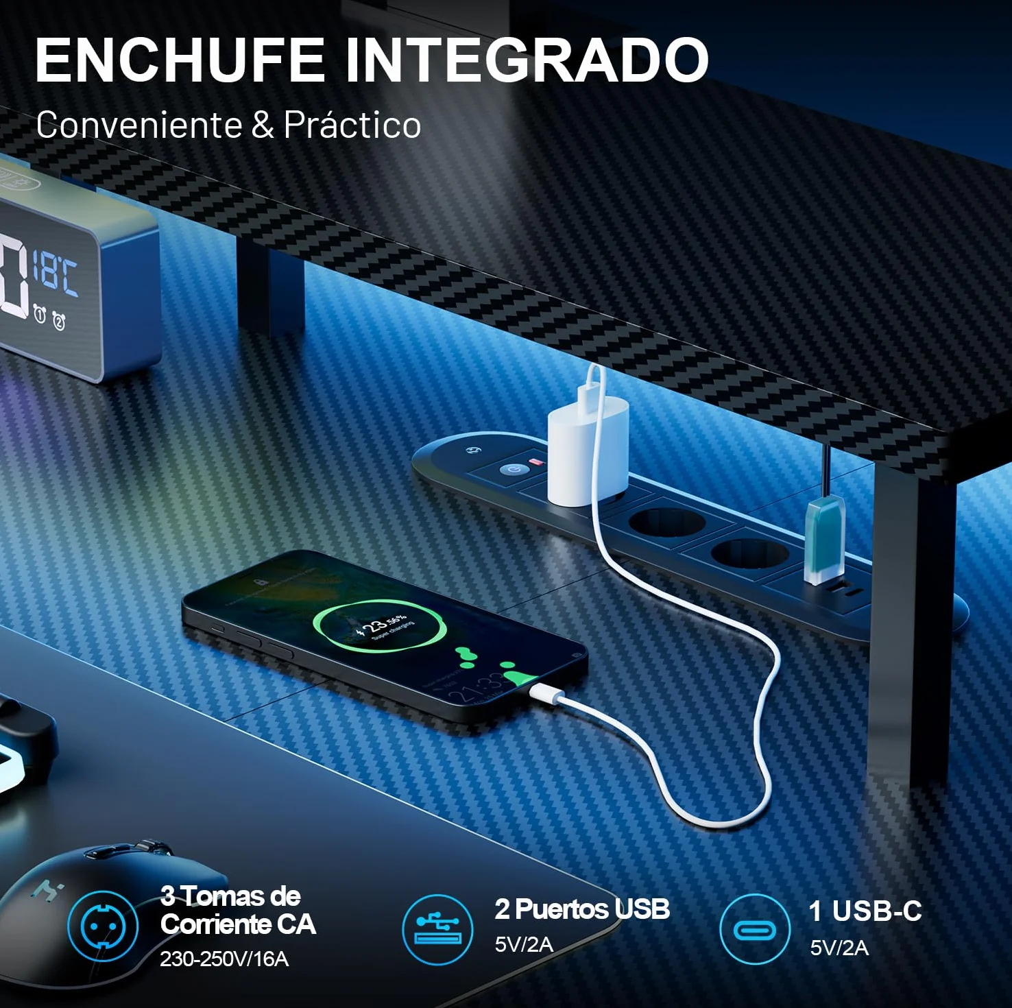 HLFURNIEU Escritorio Elevable Electrico LED 120 x 60 cm, Mesa Gaming con Toma de Corriente, Soporte para Monitor, 2 Control de Memoria, Superficie de Fibra de Carbono, Escritorio Gaming Negro