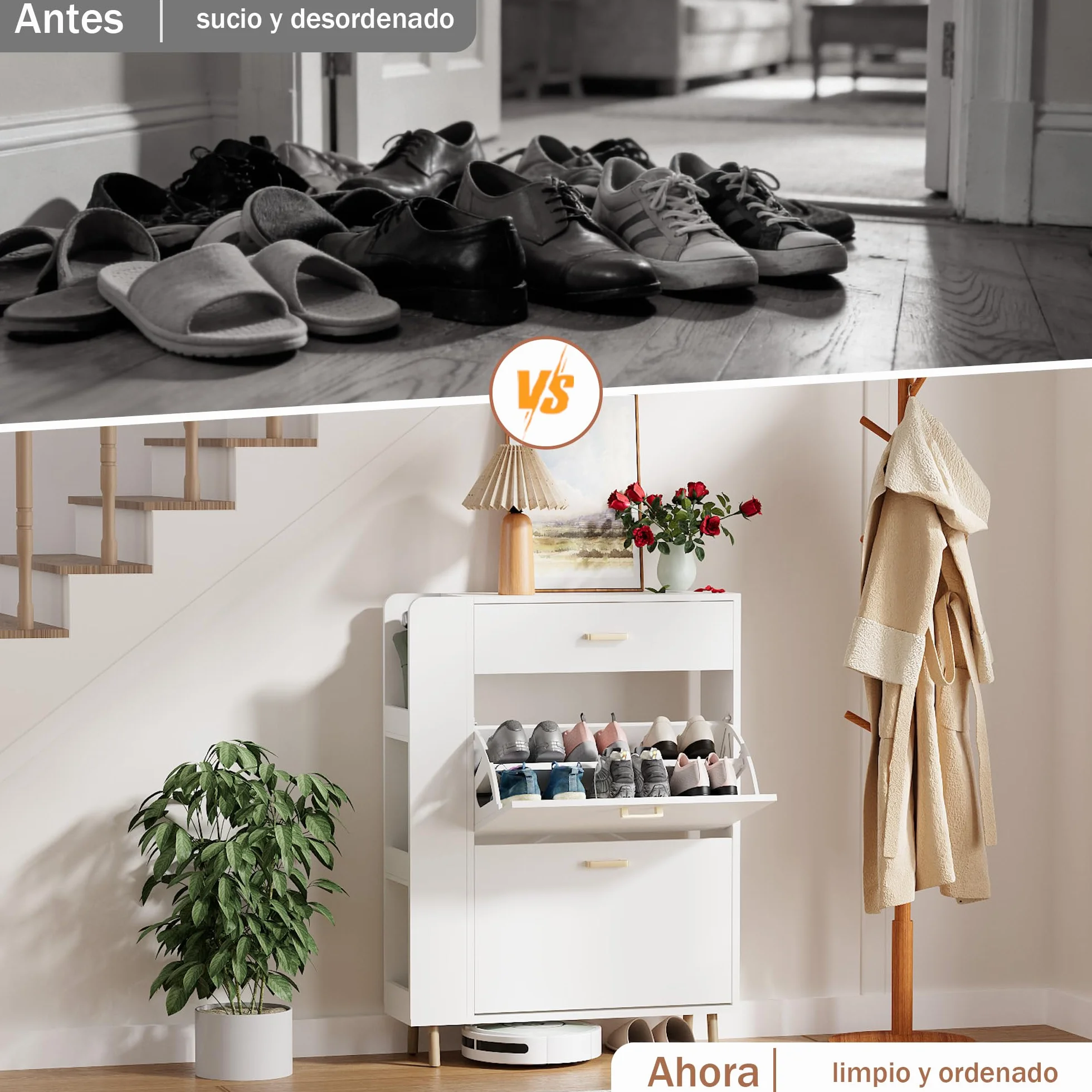 Zapatero 2 Puertas Estrecho Mueble Zapatero con 1 cajón y 3 Compartimentos de Almacenamiento con 4 Patas de Madera Maciza para Sala de Estar, Pasillo de Entrada, 80x24x110cm Blanco