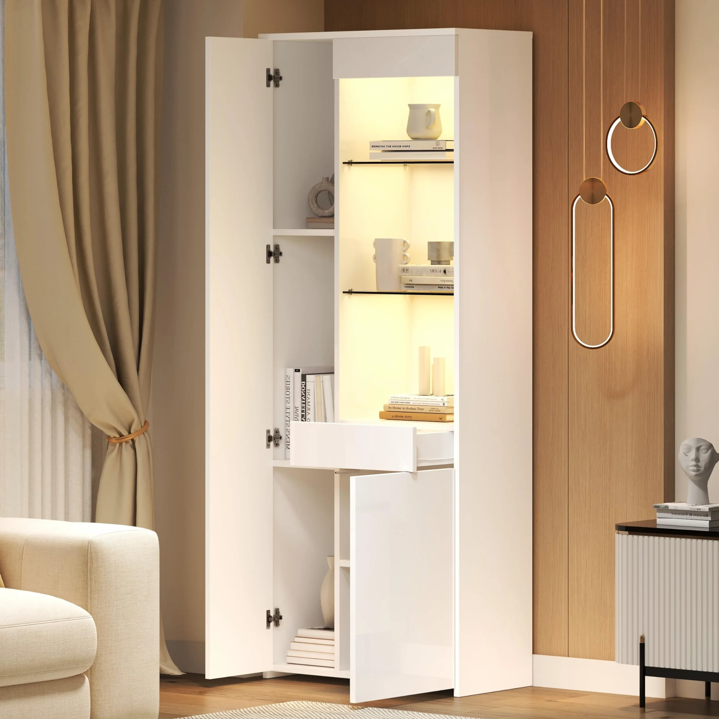 Wiuzo Vitrina con cajones, 70 x 35 x 180 cm, brillante, vitrina de cristal con iluminación LED, armario alto, armario alto con armario, vitrina de pie, capacidad de carga recomendada 45 kg